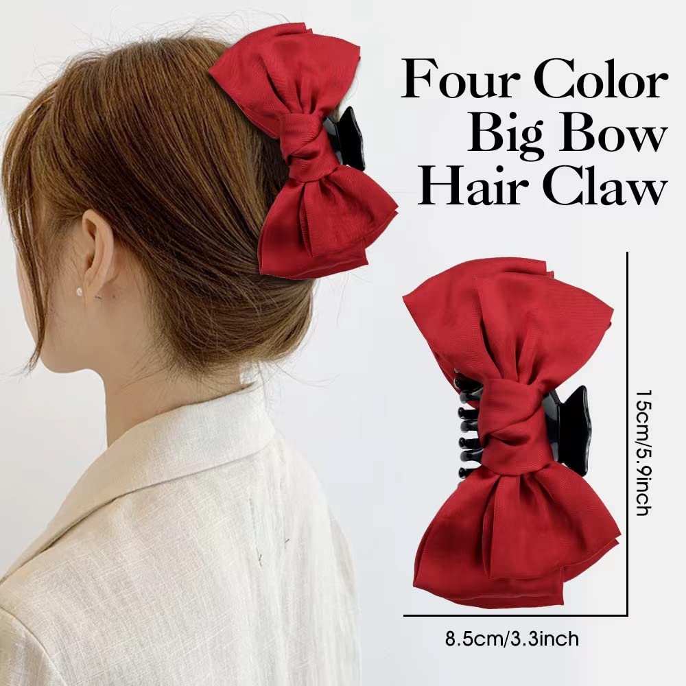 4 Pack Satin Large Bow Hair Claw Clips Red Black Plastic Ponytail Holder Clips with Bowknot on Both Side Jaw Barrettes Grips Clamps Buns Chignon Accessories for Women Girls - Image 4