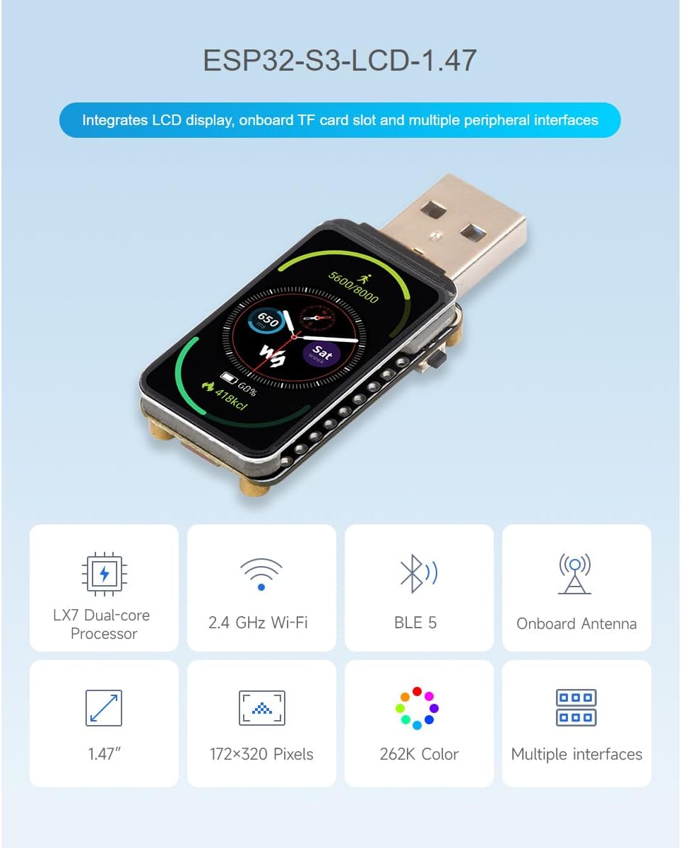 waveshare 2 Pack ESP32-S3 1.47inch Display Development Board,172×320 Resolution 262K Color RGB LED,Supports Multiple Peripherals