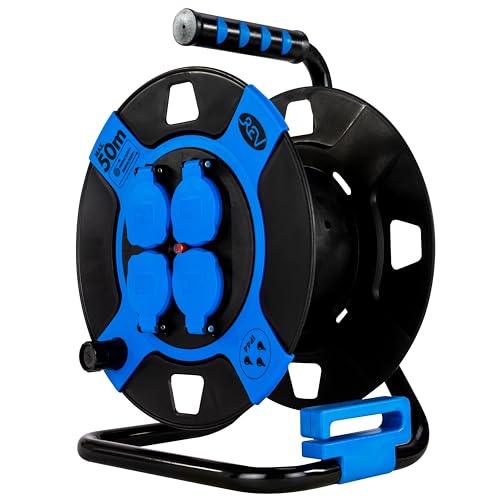 REV Avvolgicavo senza cavo, IP44, per esterni, 4 prese, senza fili, blu