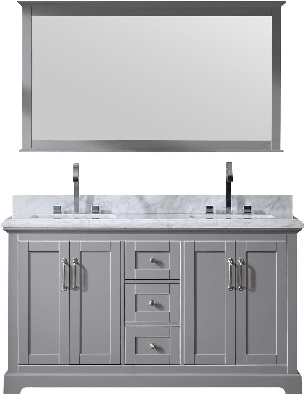 Mareo 60" Solid Wood Double Sink Bathroom Vanity with Mirror | Marble Countertop & Backsplash | Soft Closing Doors & Drawers | Nickel Brushed Handles | Grey Cabinet Ceramic Sink Top | Pre-Assembled