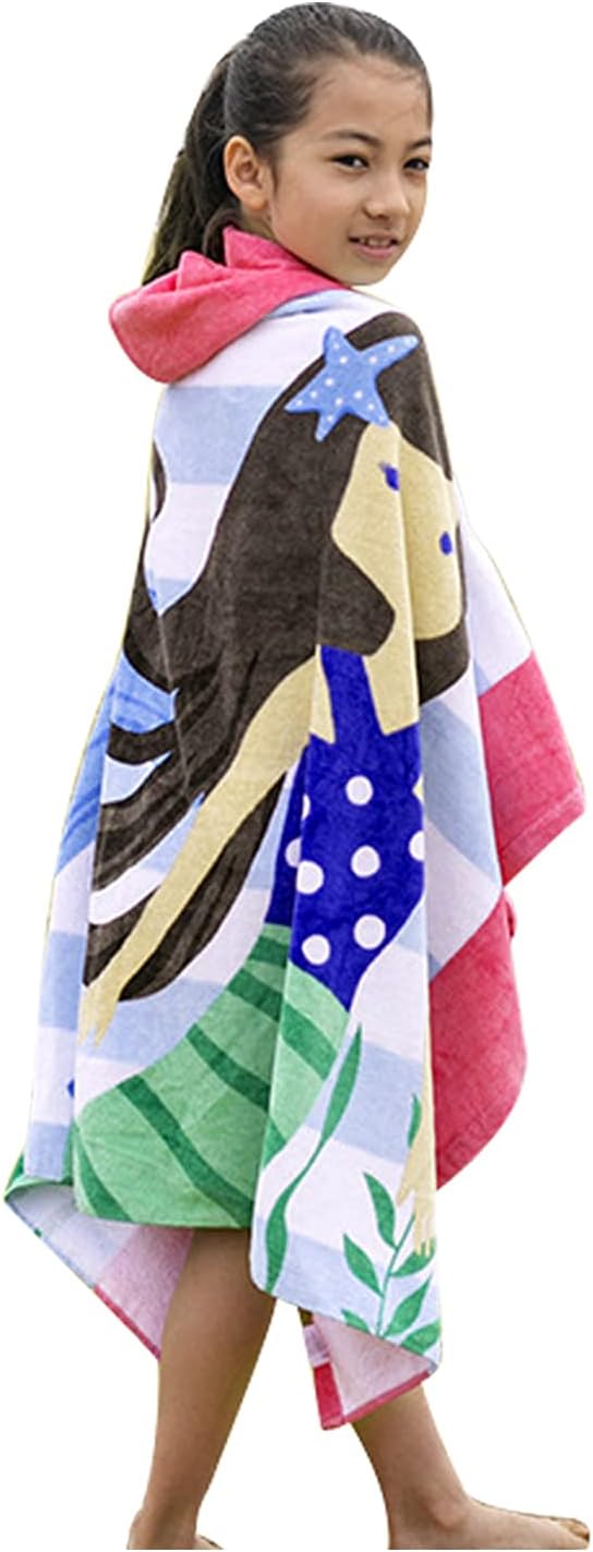 BANGSAUR Kids Hooded Beach Towels, 100% Cotton 50x30 inches Bath Pool Swiming Towel Wrap, Toddlers Girls 3-12 Years Coverup Rainbow Unicorn N