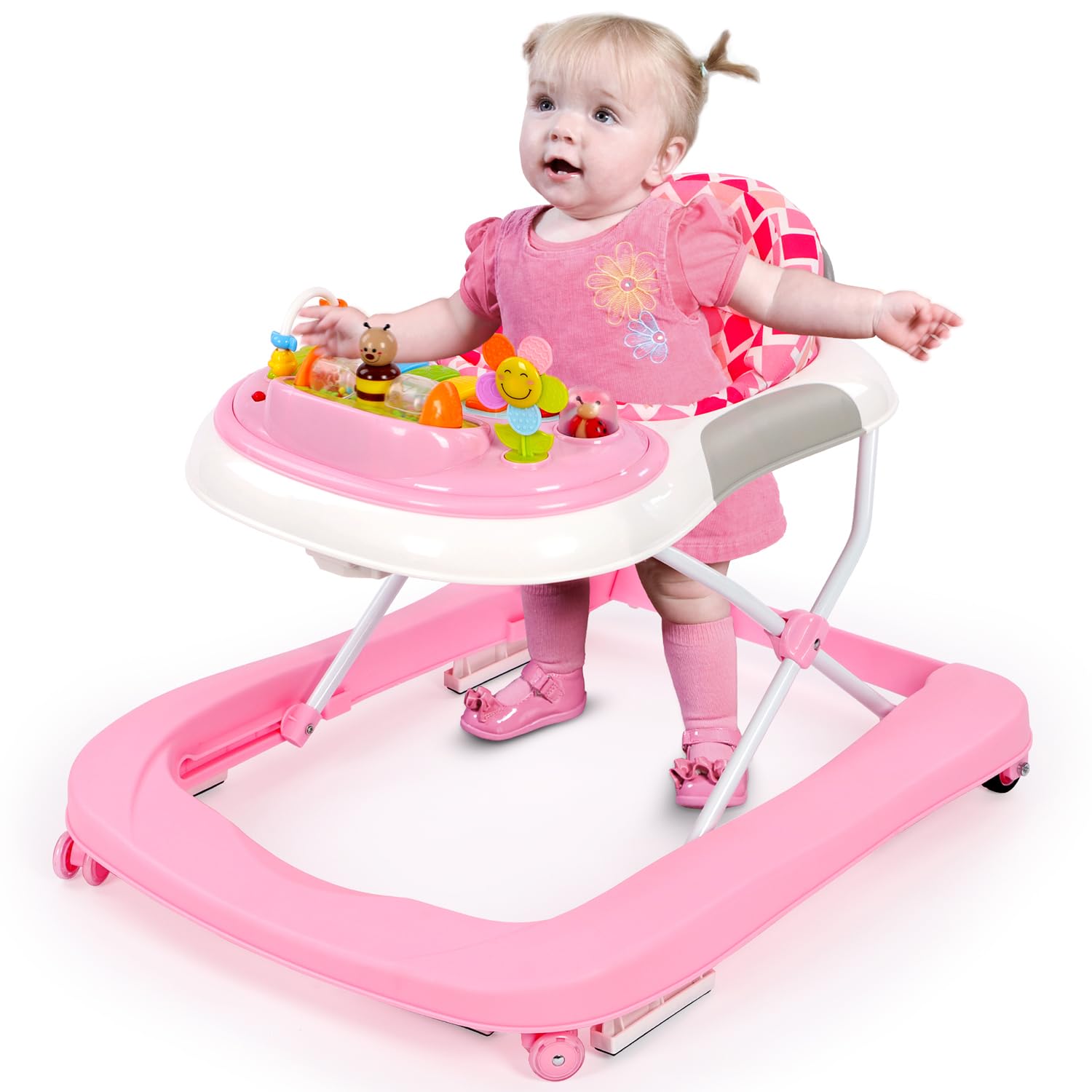 Hadibio Baby Walker, 2 in 1 Foldable Height Adjustable Walker with Music and Lights, Converts to Baby Push Along Walker and Kids Feeding Seat with Removable Play Tray, Suitable for Ages 6 Months +