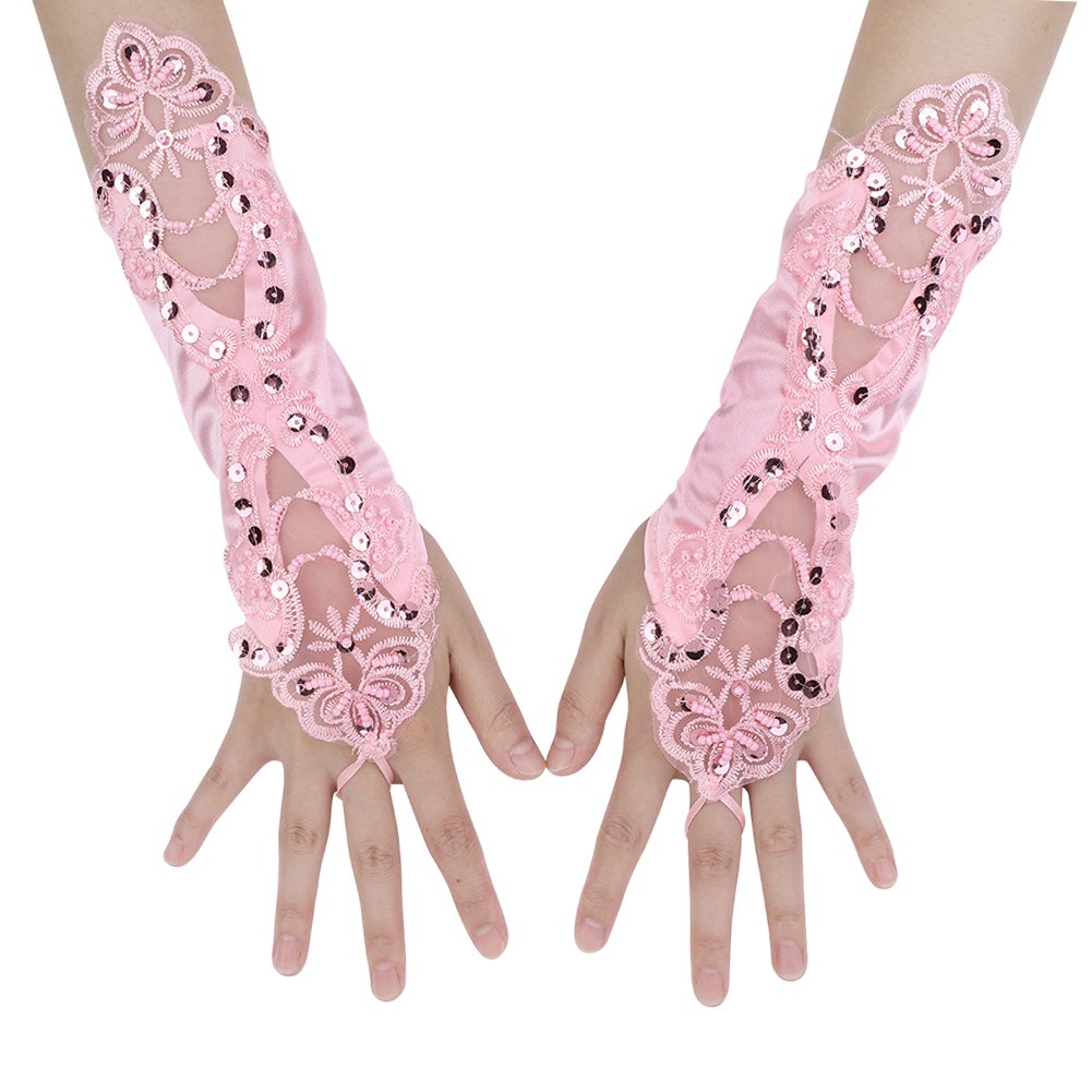 XGOPTS Bridal Fingerless Gloves, Ladies Lace Satin Sequins Wedding Gloves Finger Loop Goth Hand Wear for Prom Evening Masquerade Tea Party Fancy Dress Photography(pink)