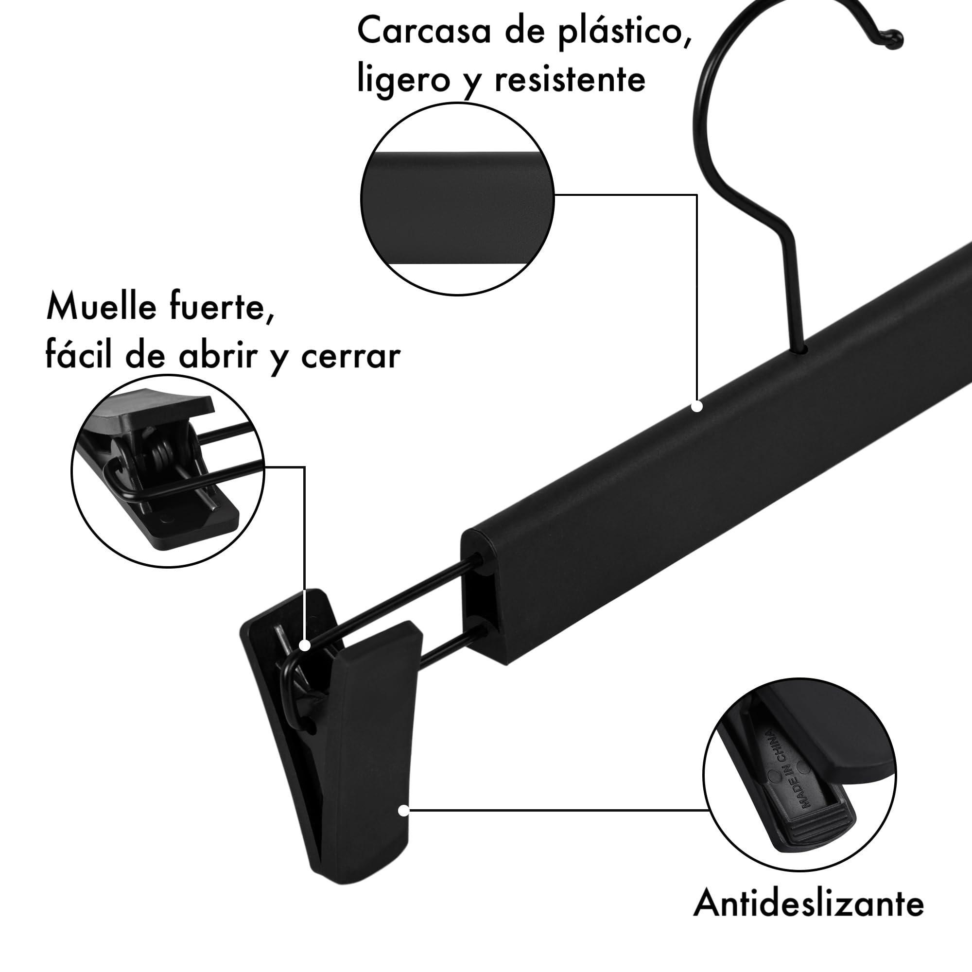 Juego de 10 Perchas para Pantalones, Faldas, con 2 Pinzas, Set de 10 Perchas para Camisas, Bufanda, Cualquier Prenda, Gancho de Metal 360º, Colgadores con Pinzas