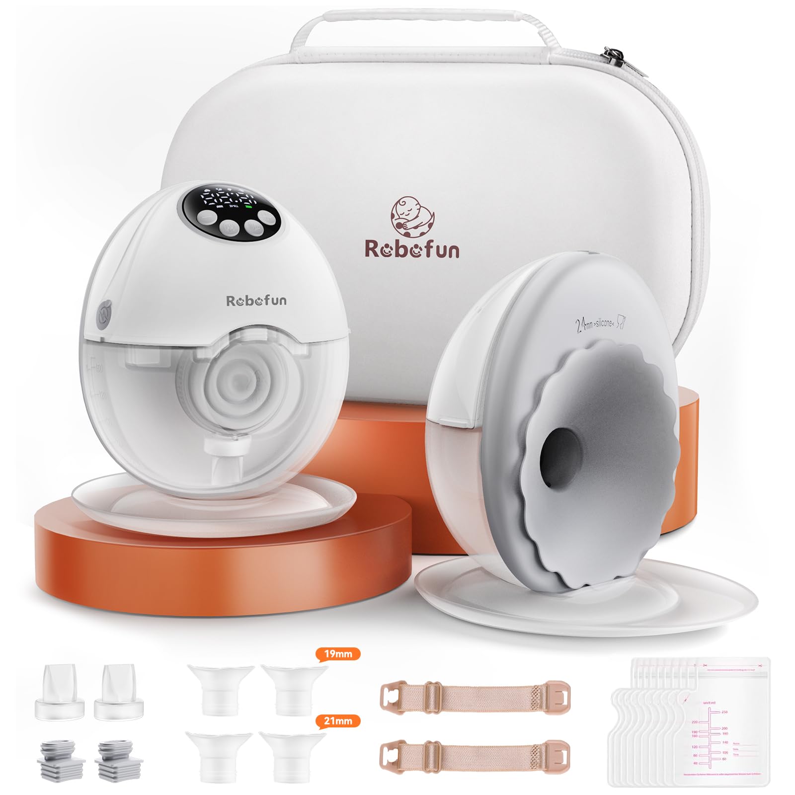 Milchpumpe Elektrisch Freihändig Robofun Pack de 2 Sacaleches Eléctrico sin Manos - Extracción Doble Silenciosa, 4 Modos y 12 Niveles de Succión, Función Antiderrame, con Caja de Almacenamiento