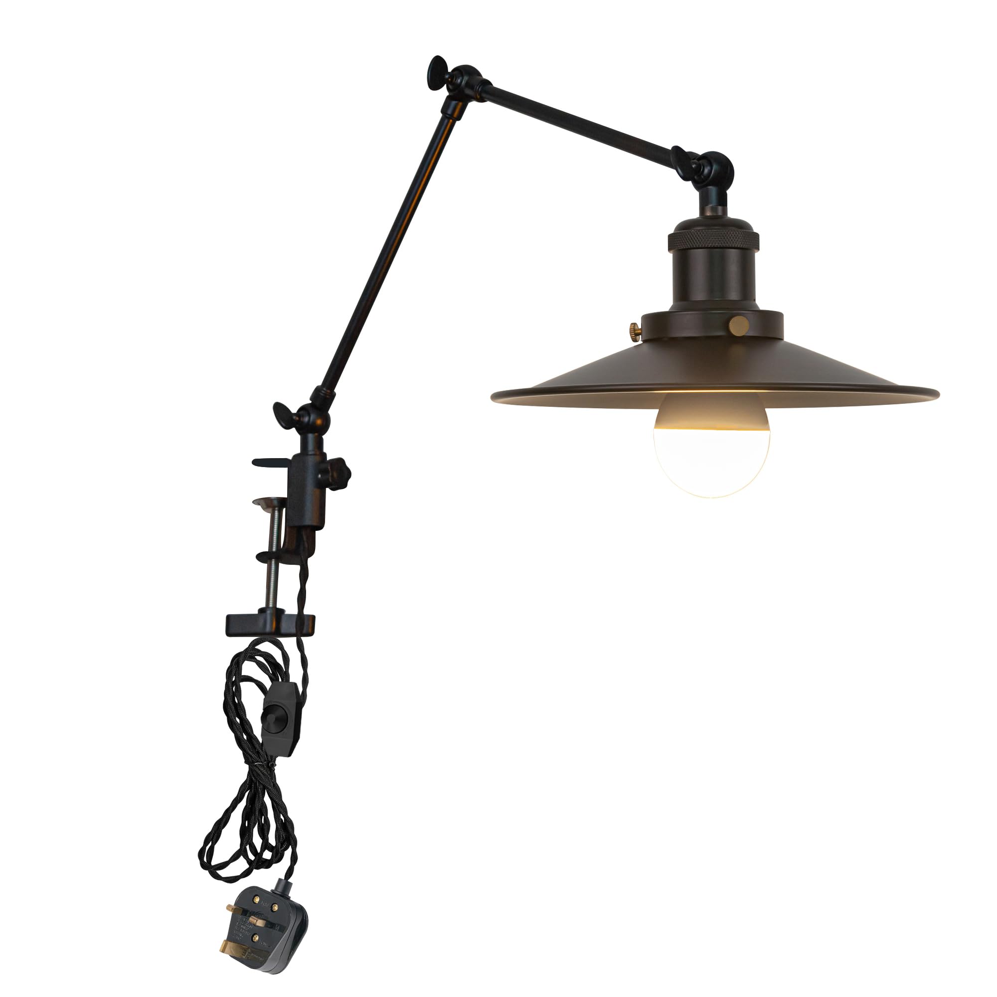 FSLiving Dimmable Desk Lamp Clamp, Desk Lamp Clip Light with Flexible Swing Arm and 2.5 m Cable,Decorative Iron Clamp Lamp Adjustable for Office Study Reading with Black Lampshade