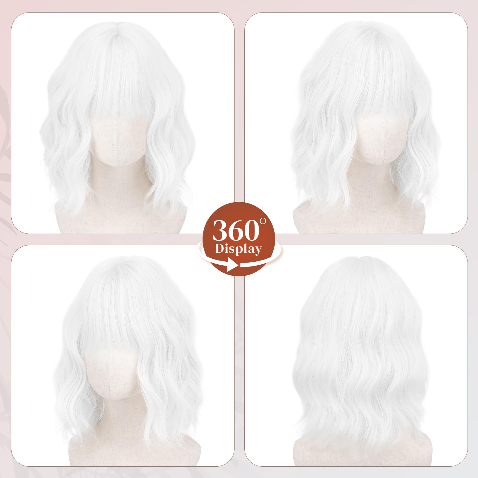 RUWISS Parrucca Corta Bob Ondulata con Frangia, 35 cm Parrucche Donna Bianco Parrucca Ricci Ondulati Parrucca Breve Sintetica per Cosplay Feste Uso