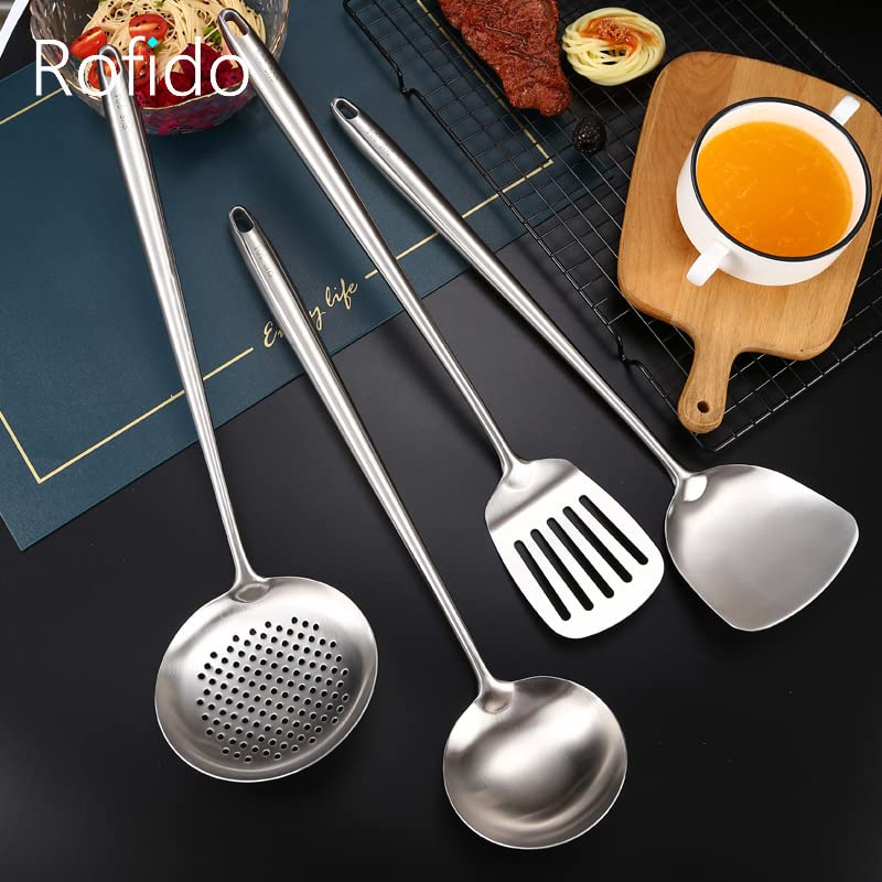 Utensilios de cocina Espátulas de acero inoxidable de 4 piezas Utensilios de cocina Espátula ancha de metal Utensilios de sartén hueca Gruesos y duraderos, herramientas de cocina fáciles de limpiar