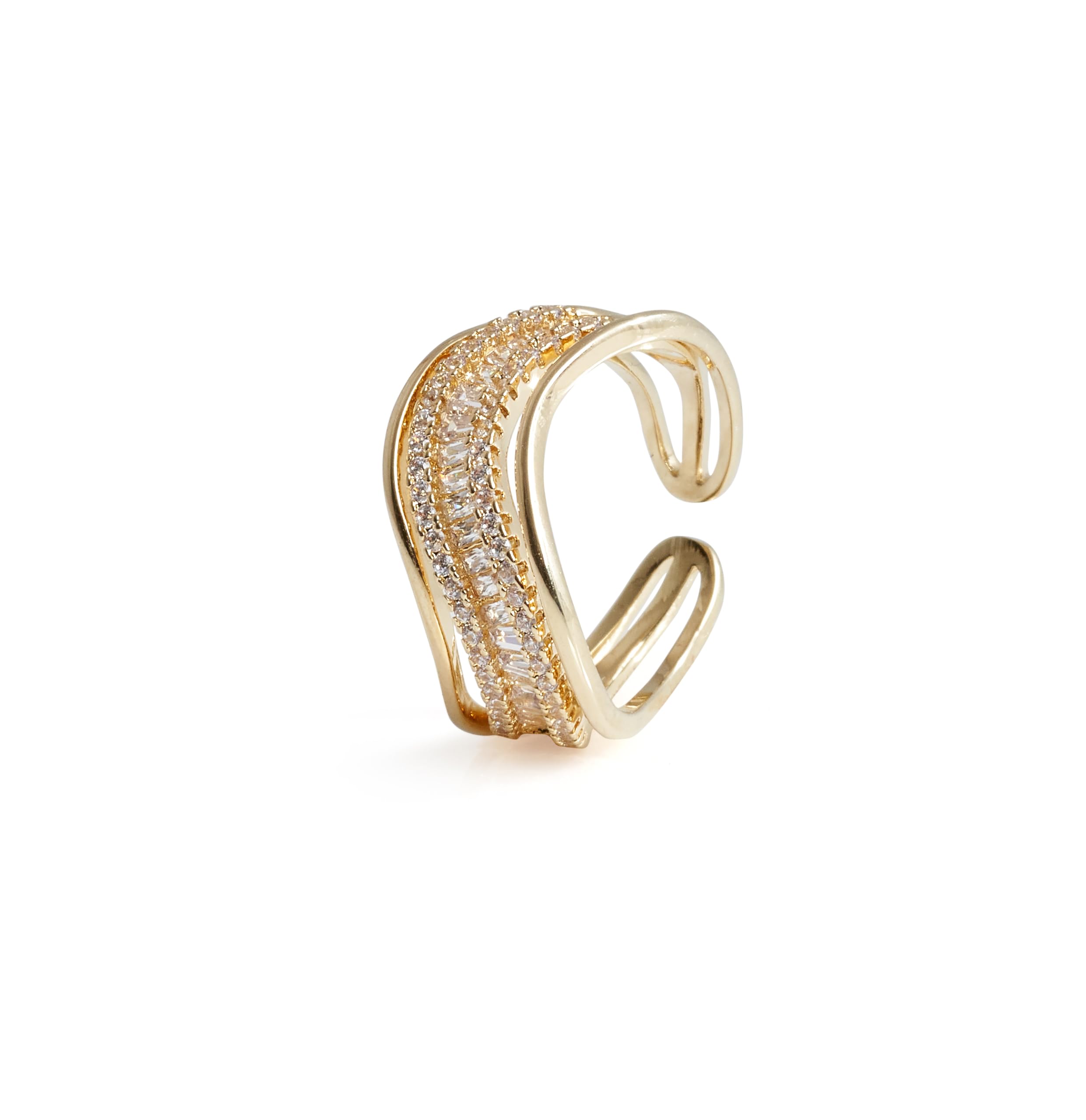 Elegant Gold-Plated Wave Design Ring with Baguette & Round Crystal Accents Adjustable Finger Ring for Women and Girls-image-14
