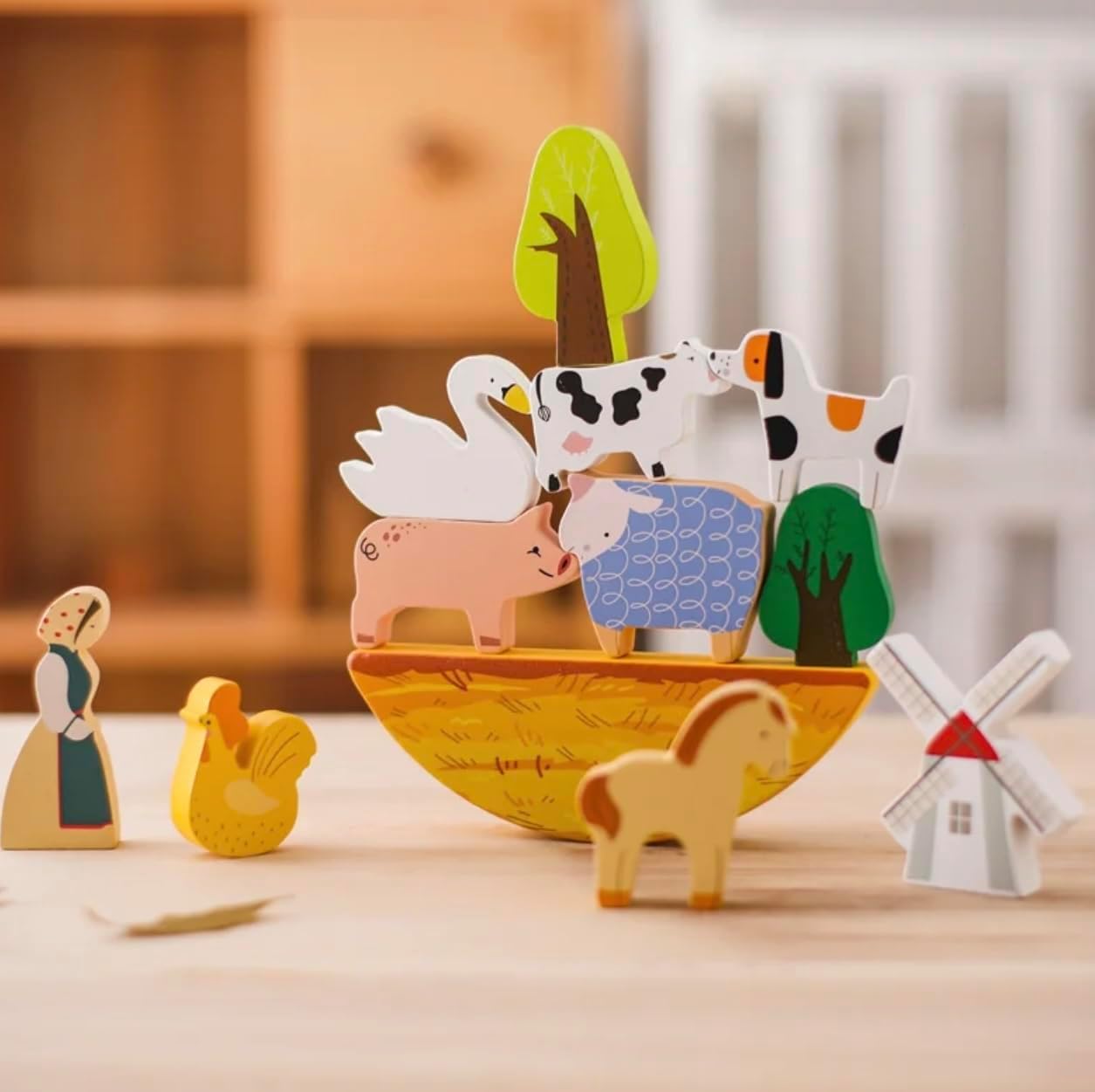 Handcrafted Wooden Farm Animal Figurines Set, Cow, Horse, Pig, Duck, Chicken, Tree, Windmill