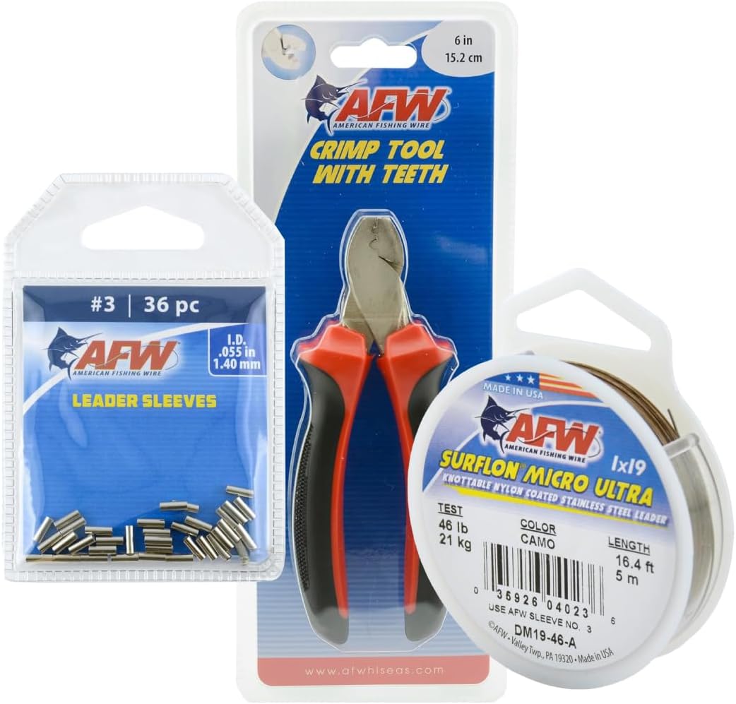 Surflon Micro Ultra, Nylon Coated 1x19 Stainless Steel Leader Wire, 46 lb Test, .024" Diameter, Camo, 5 m and Single Barrel Crimp Sleeves, Size #3/.055", Nickel, 36 pc and Crimper Tool with Teeth