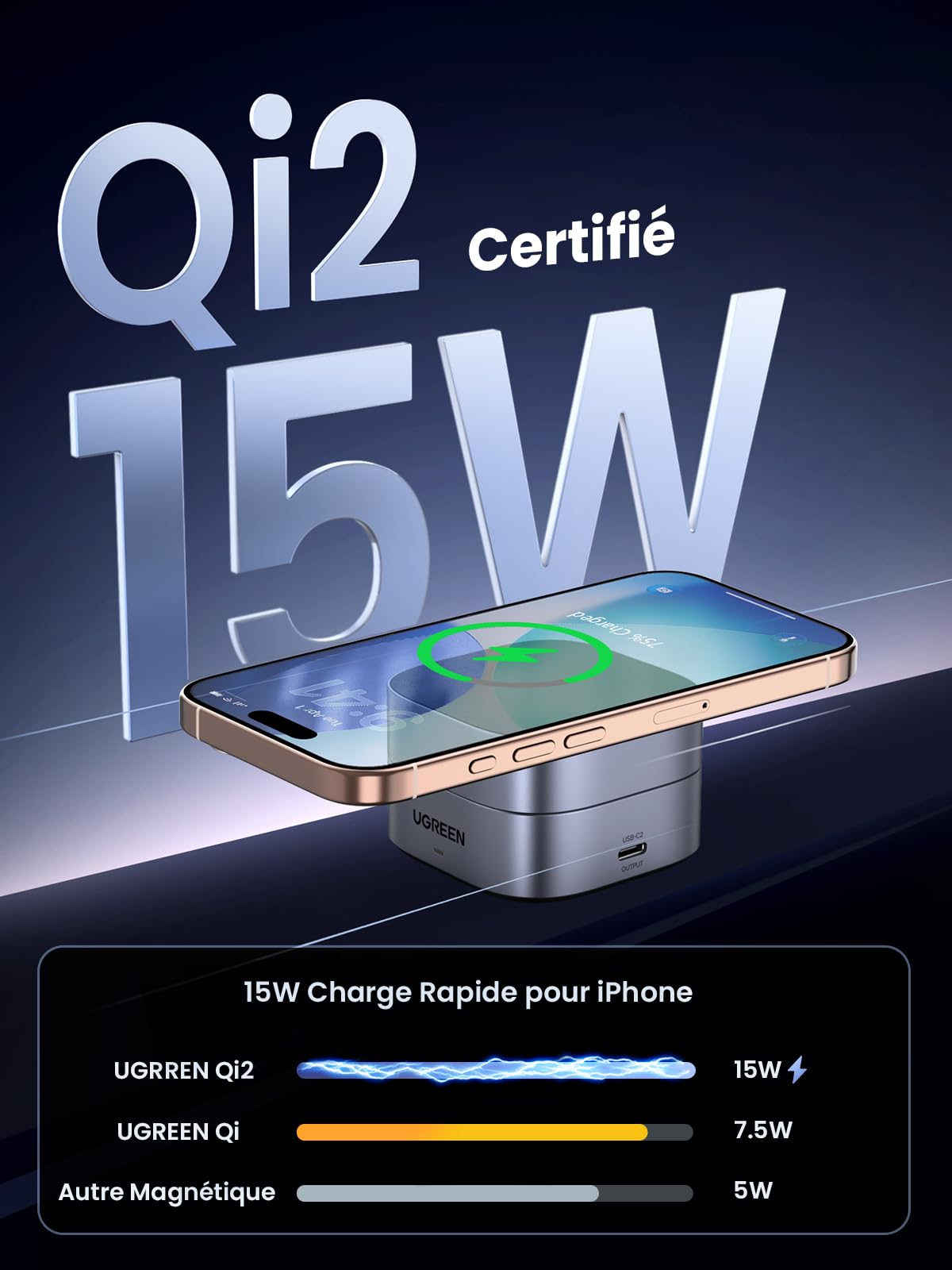 UGREEN MagFlow Qi2 15W Chargeur Induction 2 en 1 Certifié Compatible avec MagSafe iPhone 17 16 15 14 13 12 Air Plus Pro Max AirPods 4 3 Pro 3 2 1 Chargeur sans Fil Magnétique Rapide Pliable Réglable