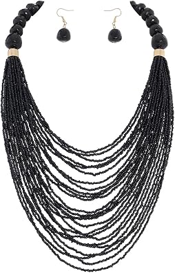 Bocar Necklace for Women, Multi Layer Statement Necklace, Long Chain Chunky Bib Seed Beads Necklace, Necklace Earring Set for Women Gift NK-10693