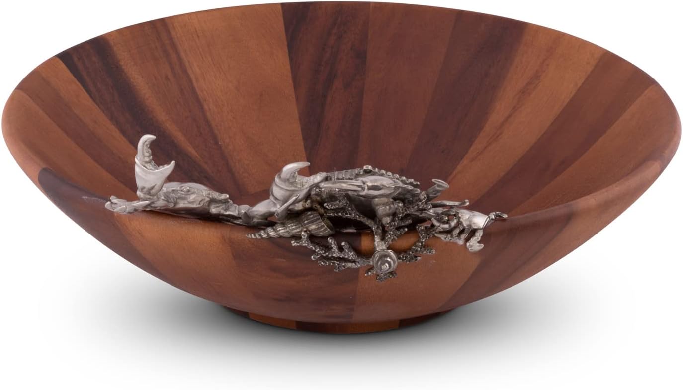 Vagabond House Wood Salad Serving Bowl with Pewter Crab 16 inch Diameter x 4.5 inch Tall
