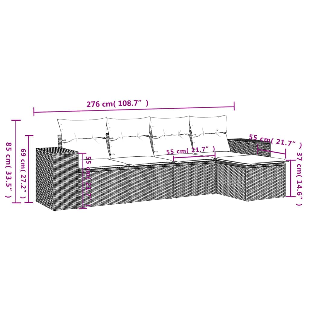 Set Divano da Giardino 5 pz Polyrattan Modulare con Cuscini Grigio | Salotto componibile da esterno per cortile o terrazza, dotato di sedute accoglienti con cuscini imbottiti e sfoderabili.