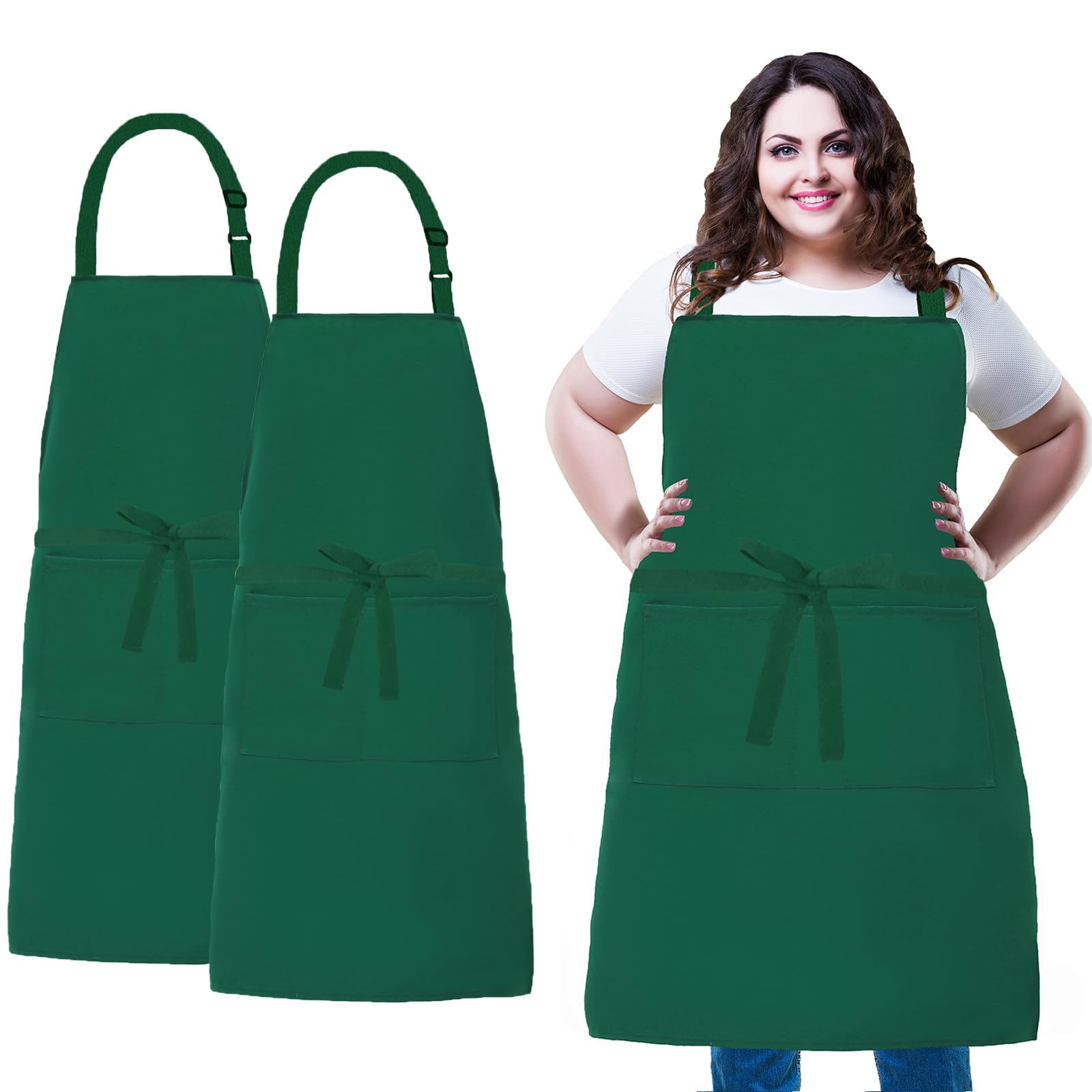 XIEJINJIA Plus Size 2 Pack Adjustable Bib Apron Water Resistant Canvas Extra Wide Long Ties Aprons with 2 Pockets Kitchen Cooking Gardening for Women Men (Green)