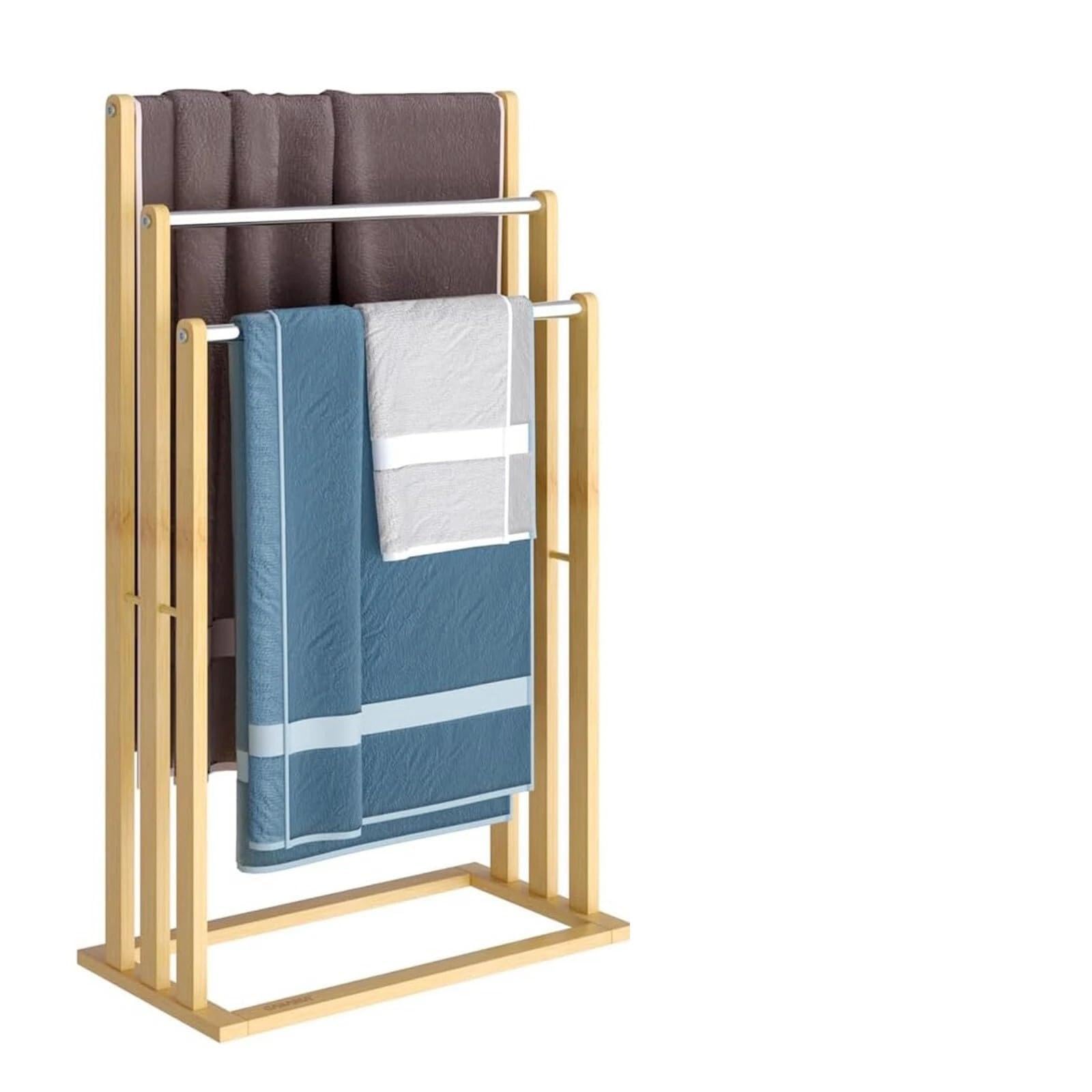 Towel Holder Freestanding with 3 Towel Rails, Towel Stand for Bathroom, Wood, Stainless Steel, HWD: 84 x 48 x 26 cm, Natural Camper Van Caravan Camping Shed Garage Rail