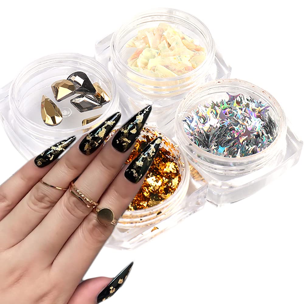 Amazon.com: Gold Aluminum Nail Foil Star Nail Art Sequins Glitters Shell  Flake 3D Rhinestone Nail Supplies Manicure Mixed Design Nails Art DIY  Decoration Charms Holographic Nail Studs Fragments Jewelry 4 Boxes :
