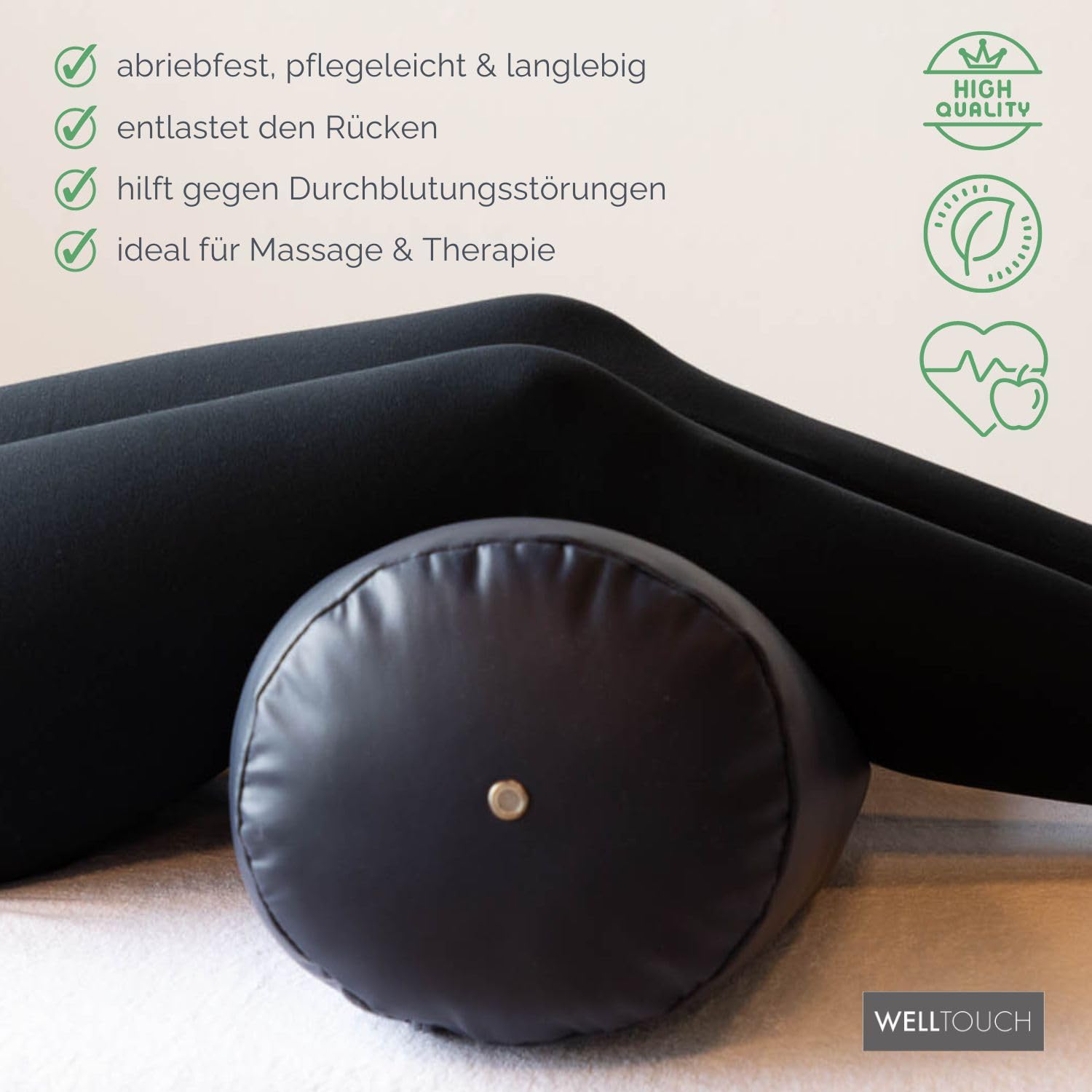 WellTouch Lagerungsrolle Vollrund | Fluffy Knierolle für Massageliegen | Extra Soft | Lagerungskissen für Massage & Therapie | Beinauflage mit Ø 20 cm | Länge 65 cm (beige)