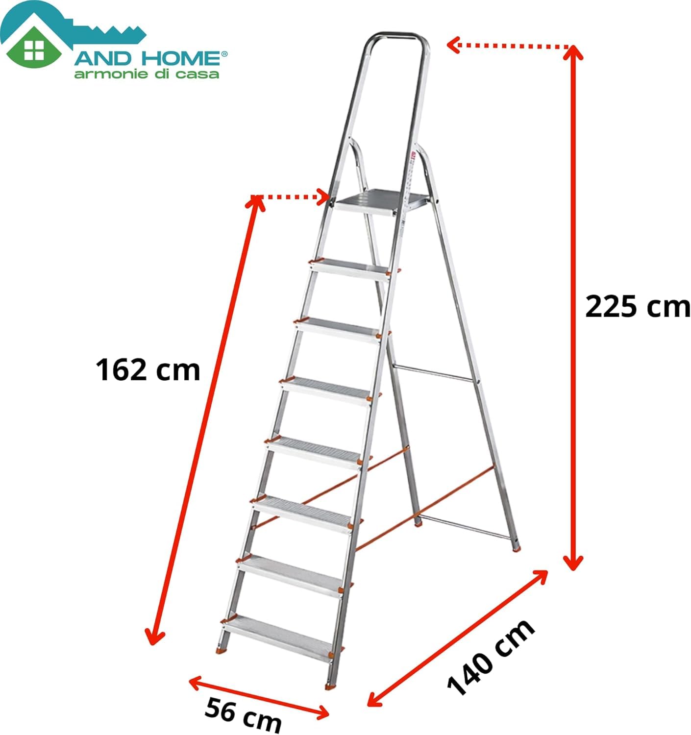 Scala Alluminio 8 Gradini - PIATTAFORMA ANTISCIVOLO - Conforme EN131 - Portata 150kg - Scala Pieghevole con Pedana in Acciaio e Blocco Sicurezza Antiapertura - Per Lavori Domestici e Fai da Te.