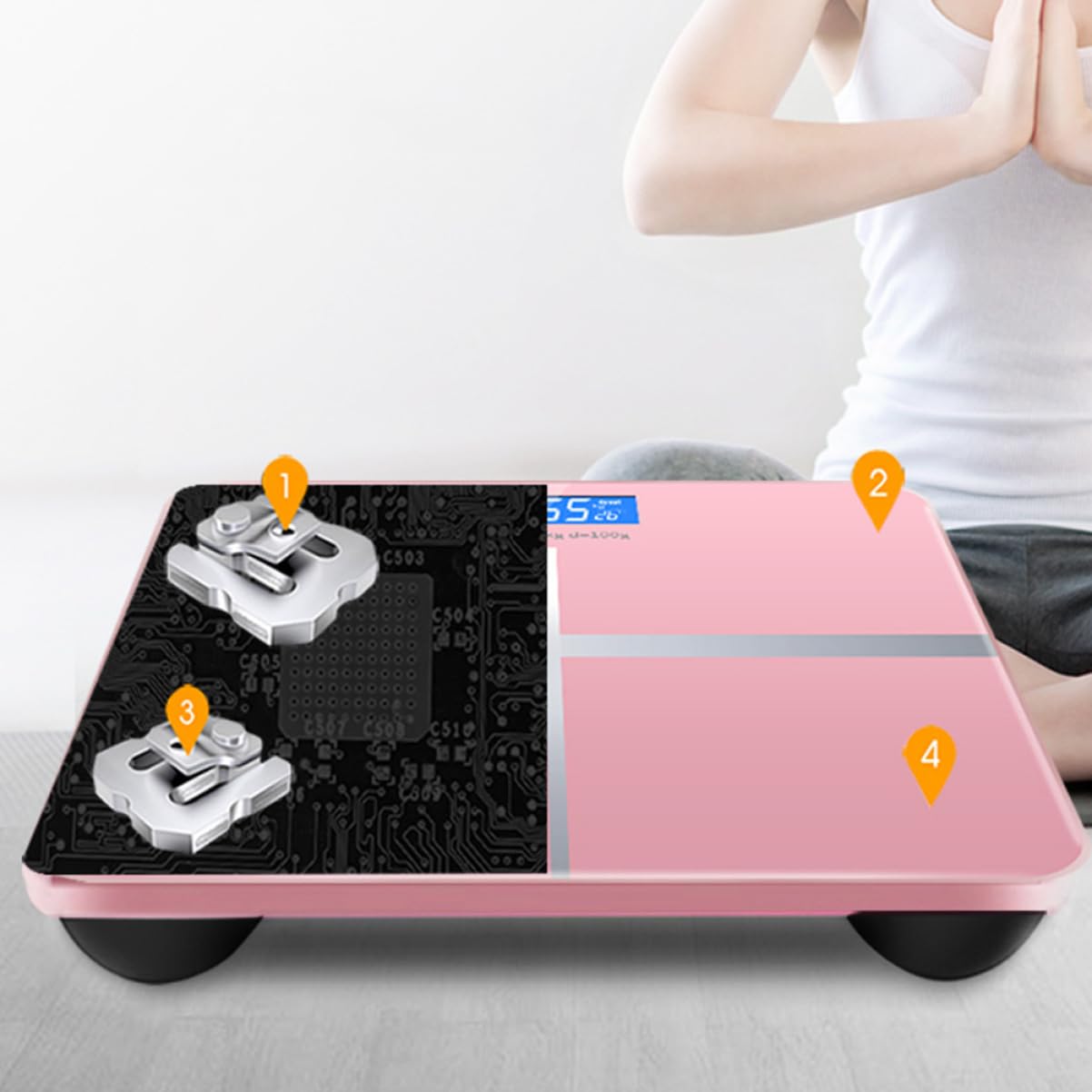 Bilancia Digitale Intelligente Ricaricabile USB Vetro Temperato Rosa, Display di Grandi Dimensioni e Design Unico per Uso Domestico e Controllo Peso Corporeo