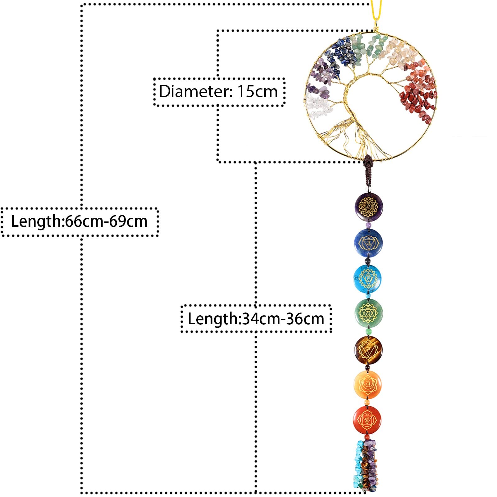 KYEYGWO 7 Chakren Stein Baum des Lebens Hängen Deko mit Chakra Symbole Trommelsteine Quaste, Kristall Wand Hängende Ornament Edelstein Traumfänger Haus Fensterdekoration
