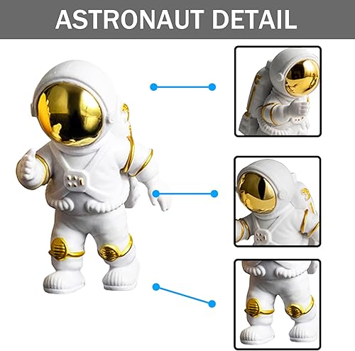 Miniatura 7 de WINUSD Juego de 4 adornos dorados de estatua de astronauta de poliresina, decoración de 3 piezas de espejo y 1 llavero para habitación, automóvil,