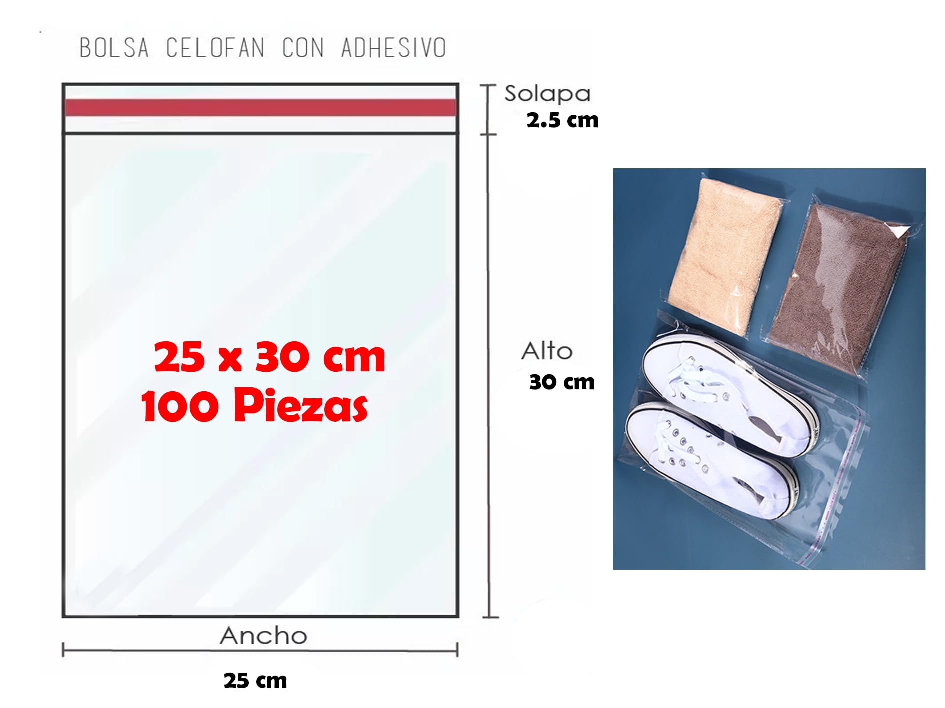 Bolsas celofán transparente, bolsas de plástico cierre autoadhesivas, bolsas autoadhesivas de embalaje para joyas, regalos y chuches. (25 x 30 cm (100 piezas))