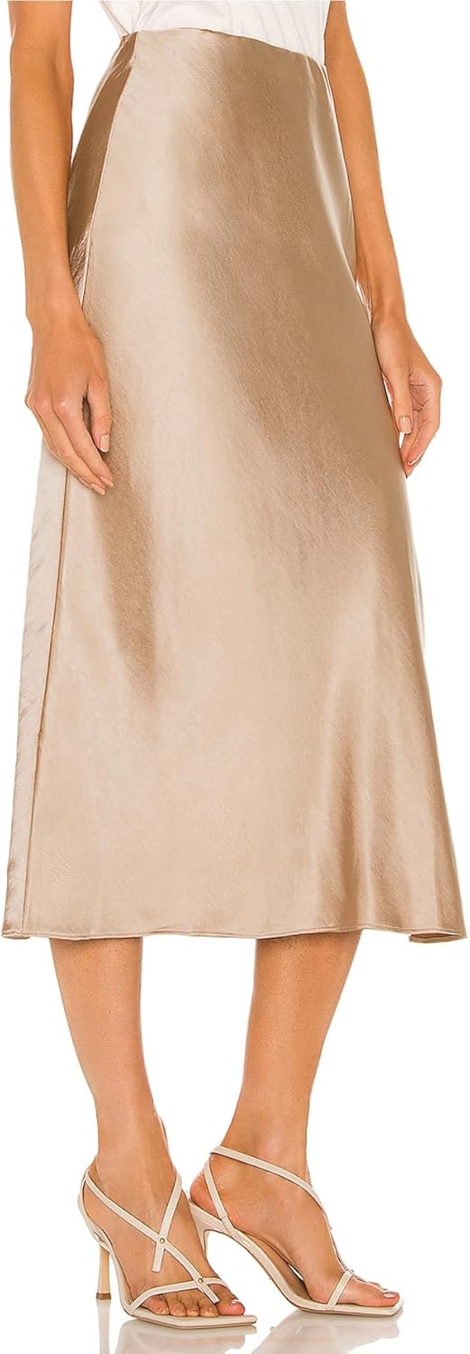 Womens Satin Silk High Waist Slit Midi Skirt Elastic Waistband Midi Skirts for Women - Image 2
