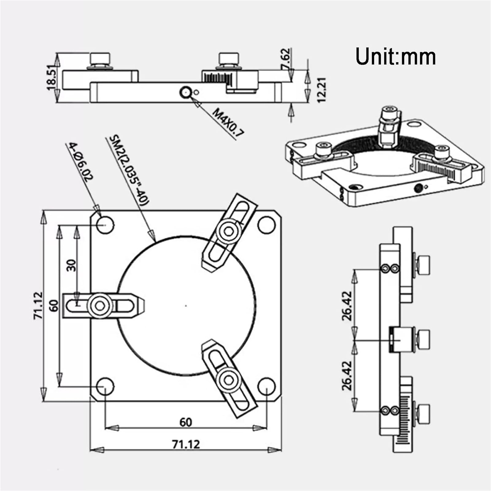 Soporte de lente coaxial, diseño de tres garras, soporte autocentrante para experimentos ópticos, diámetro variable de 0 a 40 mm
