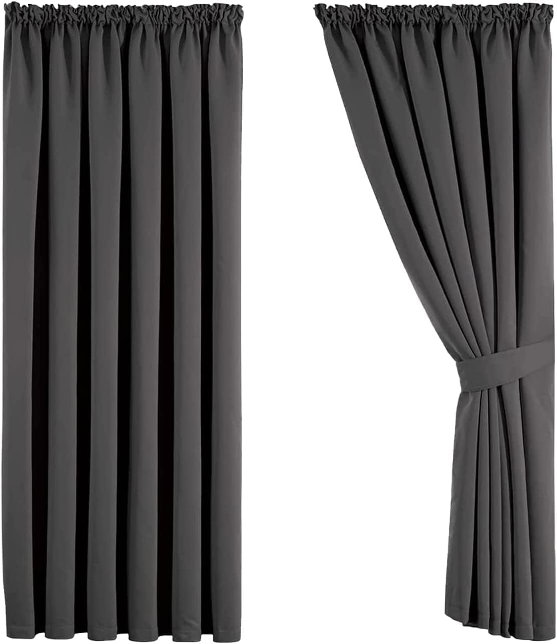 Aspire Homeware Super Soft Pencil Pleat Curtains 66x84 inch drop Thermal Insulated Energy Saving Dark Grey Curtain Tape Top Door Curtains for Living Room 2 Panels with Tiebacks