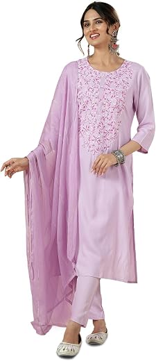 Kaari Women’s Embroidered Kurta set- Yolk Embroidery | Round Neck| Kurta Set with Dupatta | ¾ Sleeve | Kurta sets for Women