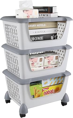 Cestas de almacenamiento apilables de plástico de 3 niveles con ruedas, cesta apilable rodante, gris