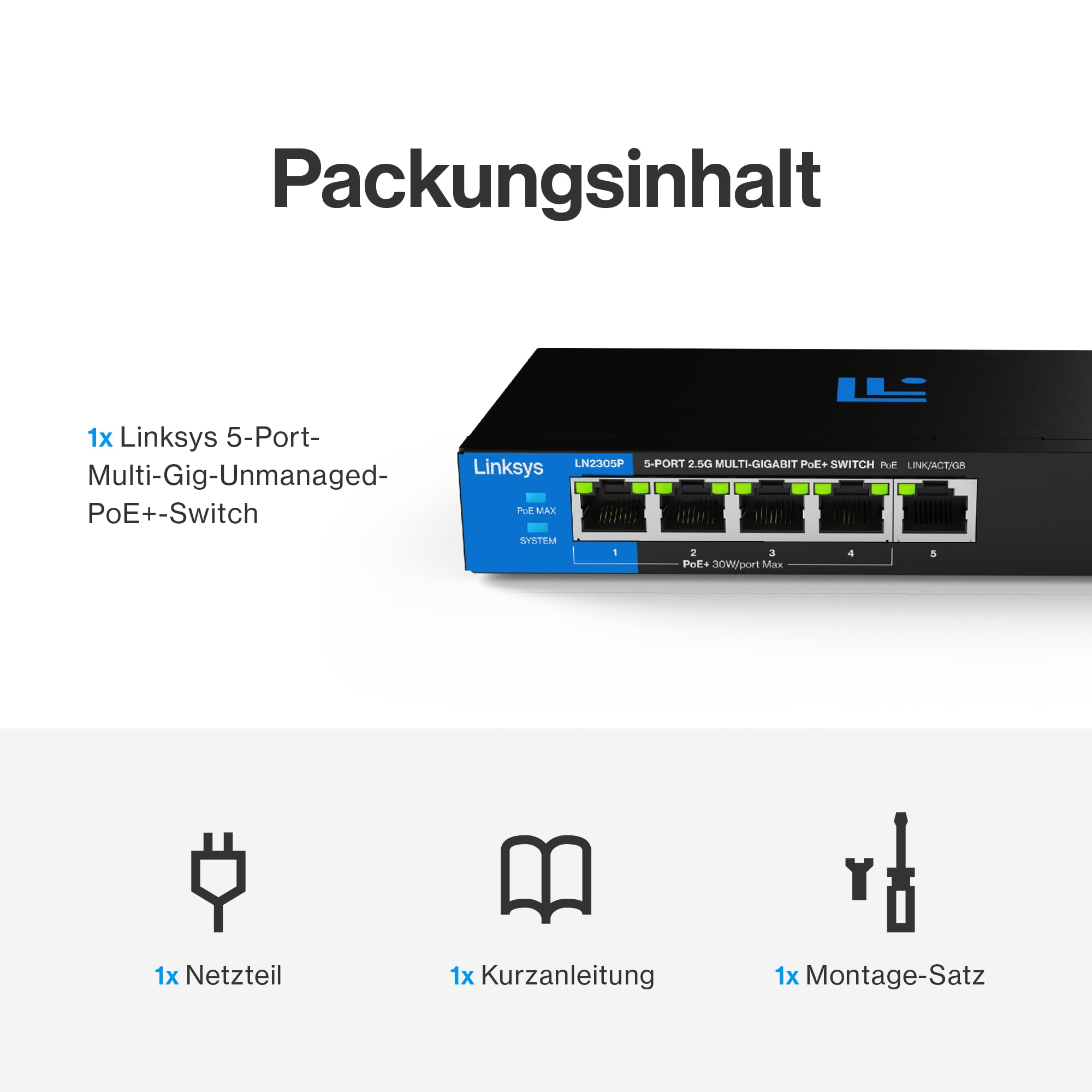 Linksys 5-Port, 2,5 G Multi-Gig Unmanaged PoE+-Switch | Energieeffizientes Ethernet | Full-Duplex-Flusskontrolle | Für kleine Büros/Home-Office | Lüfterloses Design & Metallgehäuse | 60-W-PoE-Leistung