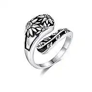 Spoon Ring Sterling Silver Sunflower Ring Vintage Antique Spoon Rings for Women Adjustable Boho Flower Wide Thumb Rings
