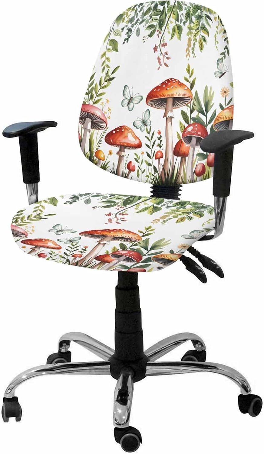 Mushroom Eucalyptus Office Chair Covers Stretchable 2 Piece, Soft Decorative Computer Desk Chair Cover Protector Universal Rotating Chair Slipcover Green Leaves Wildflower Herb White