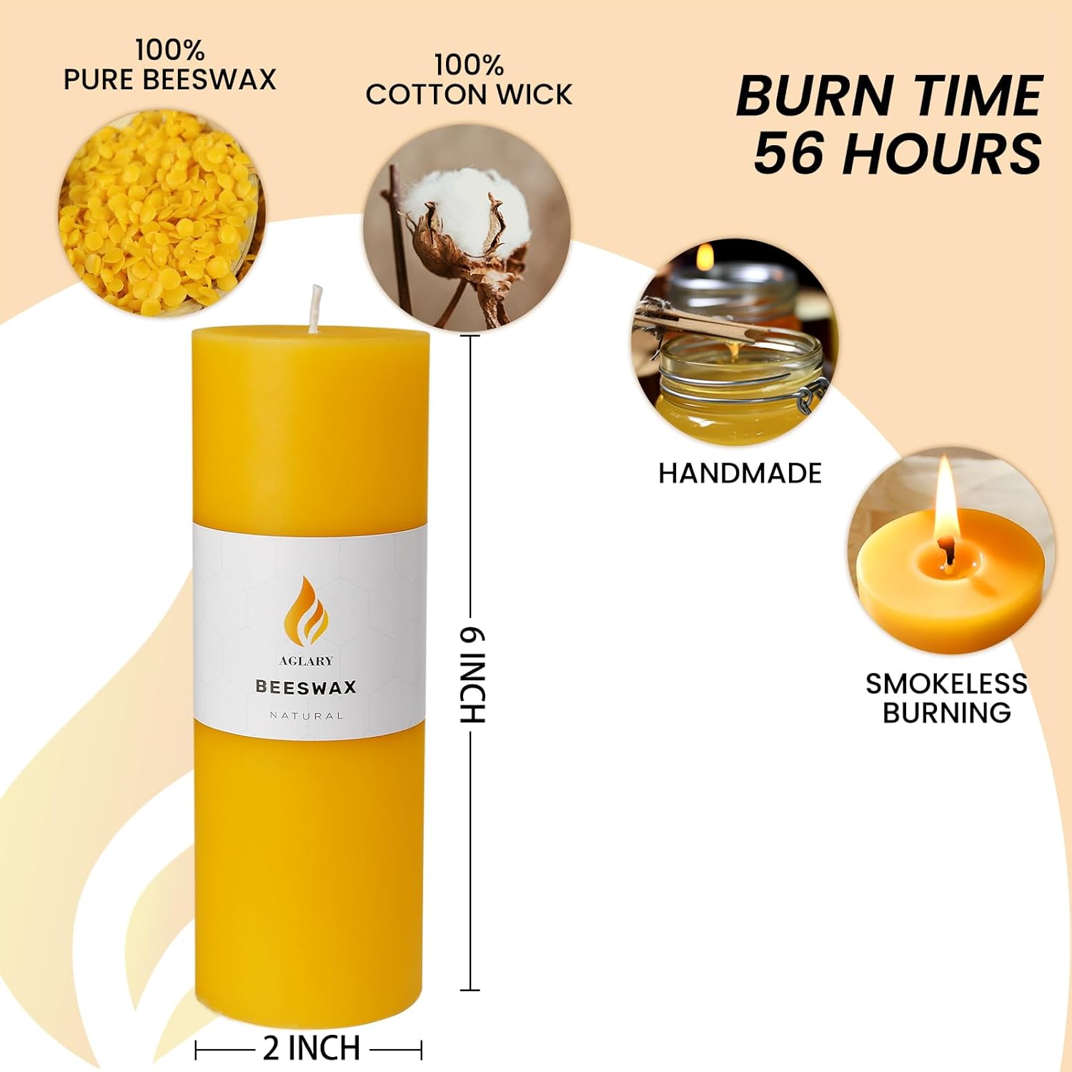 6PCS Pure Beeswax Pillar Candles, 2-Inch Diameter x 6-Inch Height, Natural Unbleached Beeswax, Unscented, Durable & Safe for Home Decor - Image 2