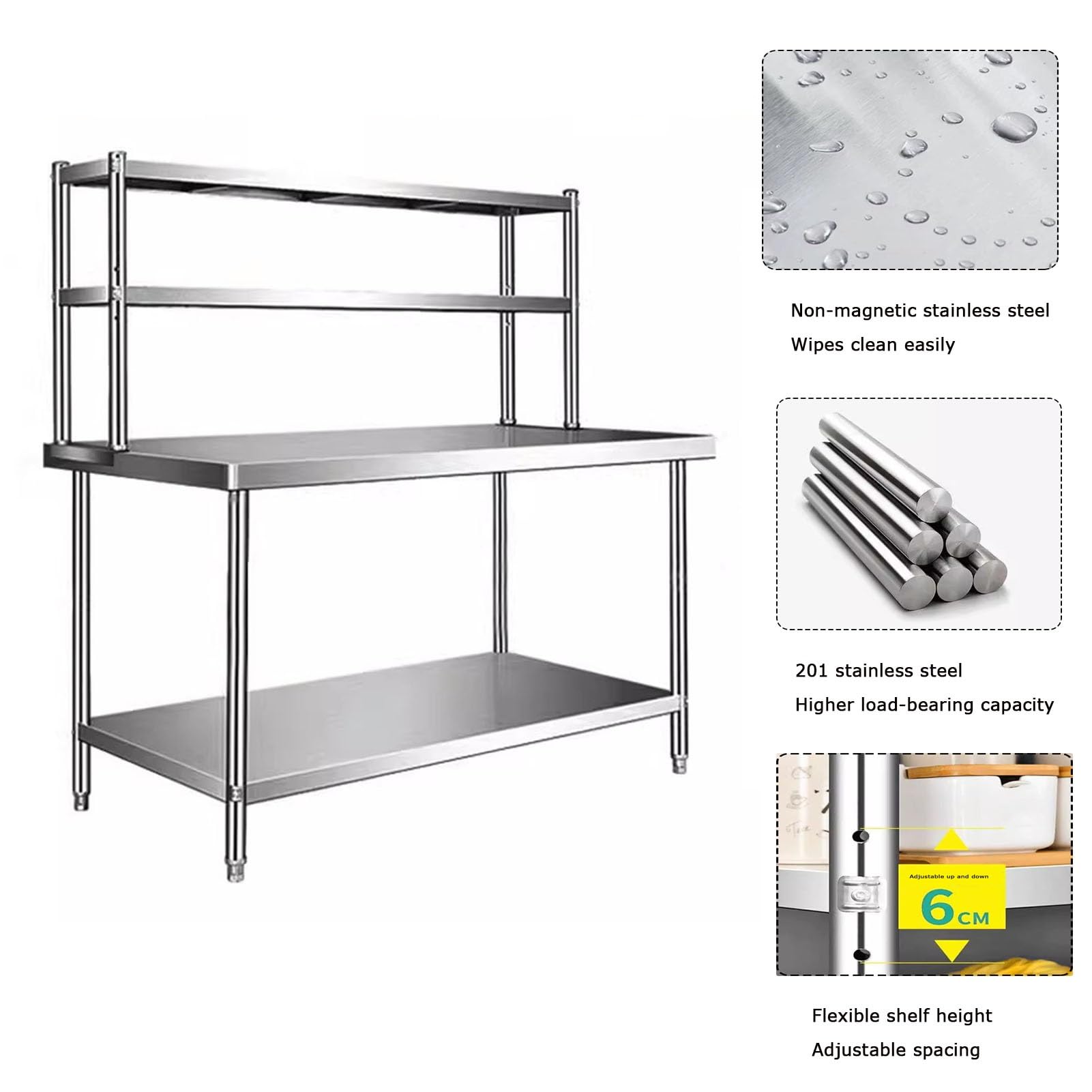 Cocina Comercial Encimera Acero Mesa Preparación Estante Inferior Trabajo Ajustable Estante Acero Inoxidable Alta Resistencia Doble Nivel Tienda Té Leche Encimera(B-Silver,180x80x80cm)