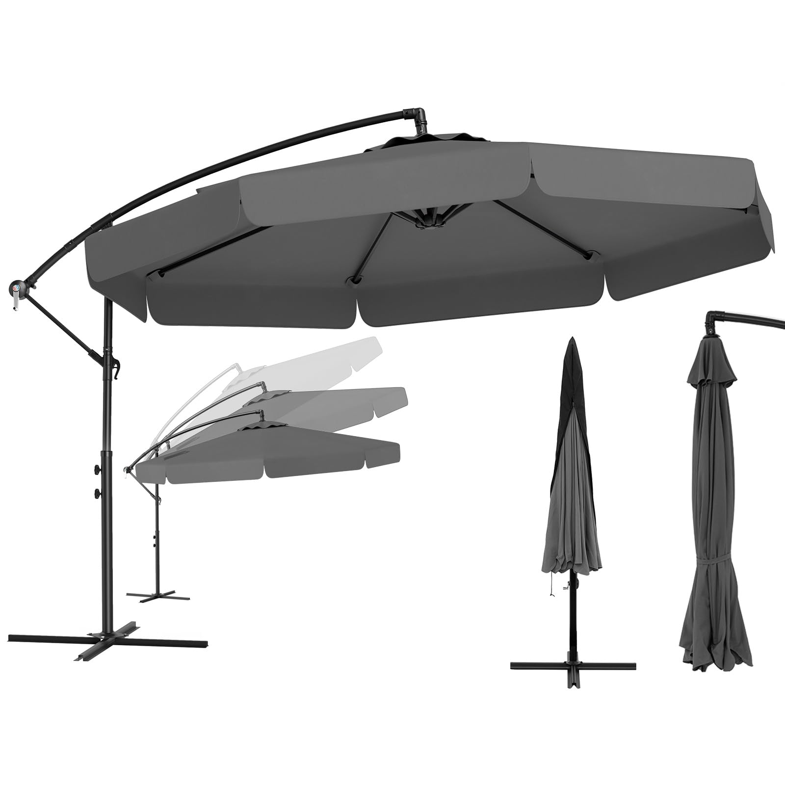 COSTWAY Parasol Déporté 3x3M avec Housse de Protection, Design à Volant Élégant, Parasol de Jardin Extérieur inclinable, Manivelle, 8 Baleines, Protection UV, pour Terrasse, Balcon, Patio (Gris)