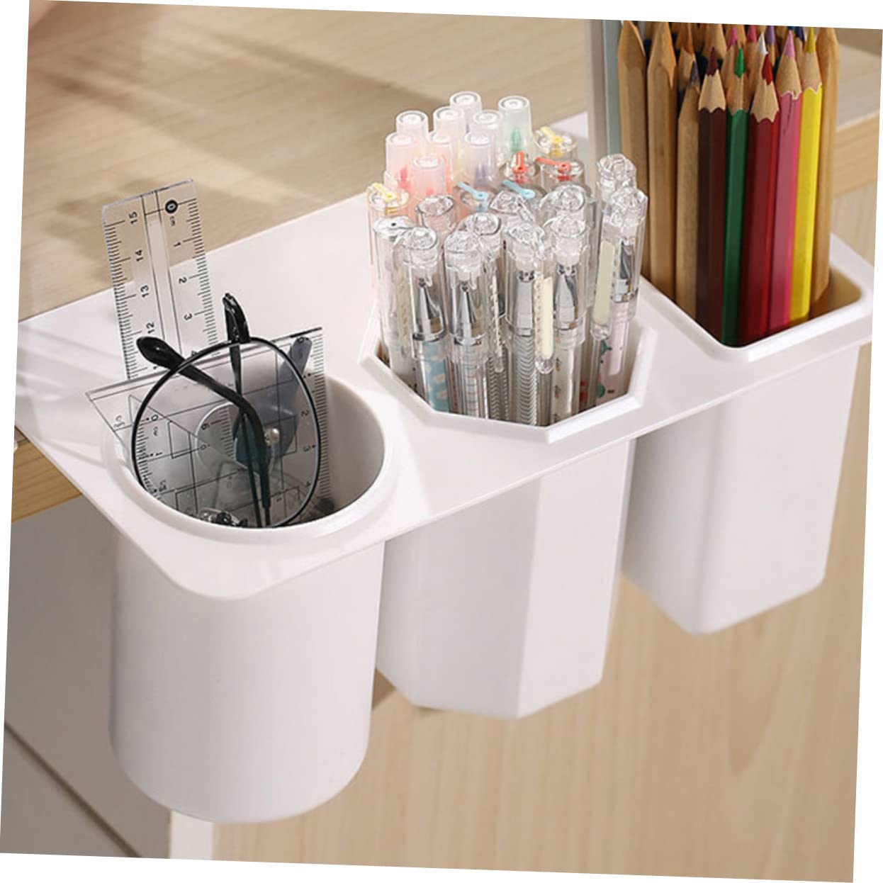 Portapenne da Scrivania in Plastica Bianca 2 Pezzi 3 Scomparti | Organizer da Tavolo per Desktop, Facile da Pulire, per Professionisti e Utenti Make-up