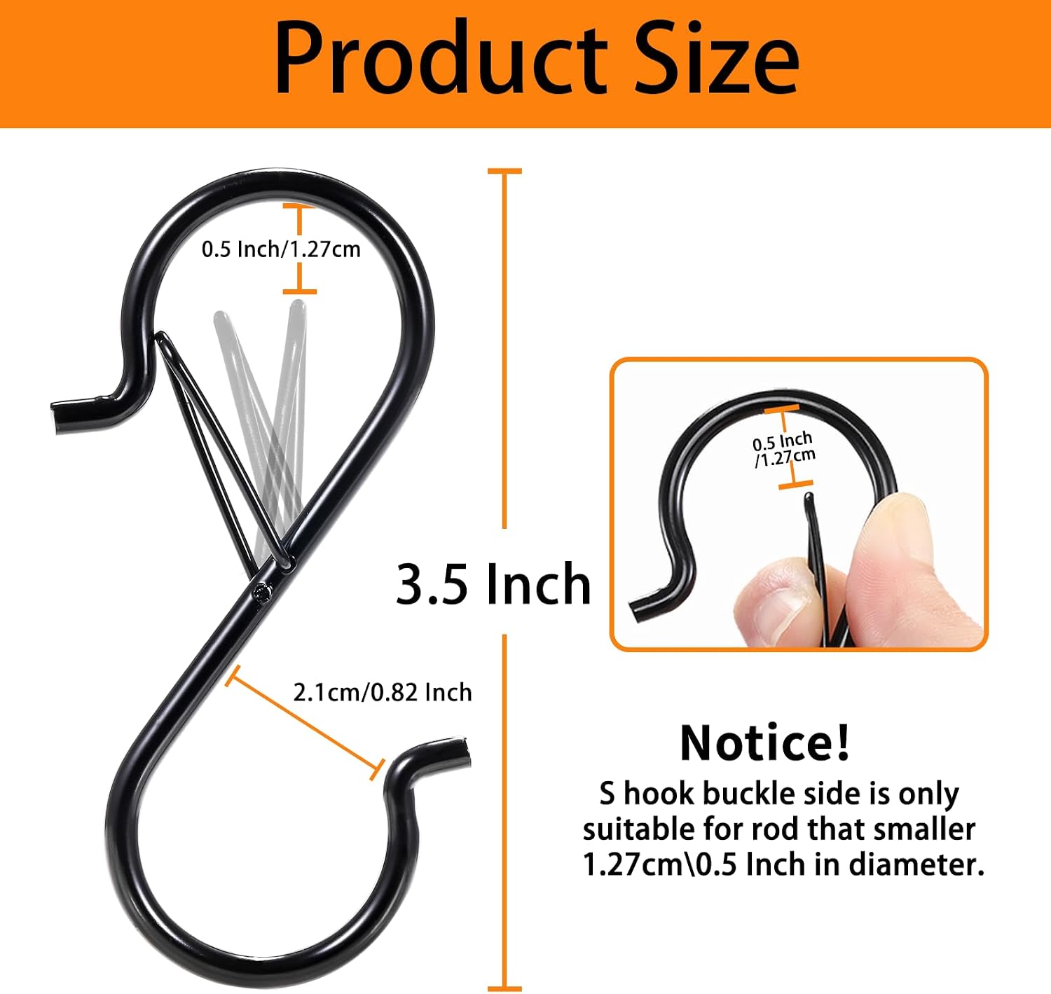 40 PCS S Hooks for Hanging with Safety Buckle, Suitable for 0.5 inch Rods | 3.5 inch Heavy Duty Metal S Shaped Hooks Stainless Steel for Hanging Kitchen Utensil, Cups, Pots, Plants, Bags, Hat (Black)