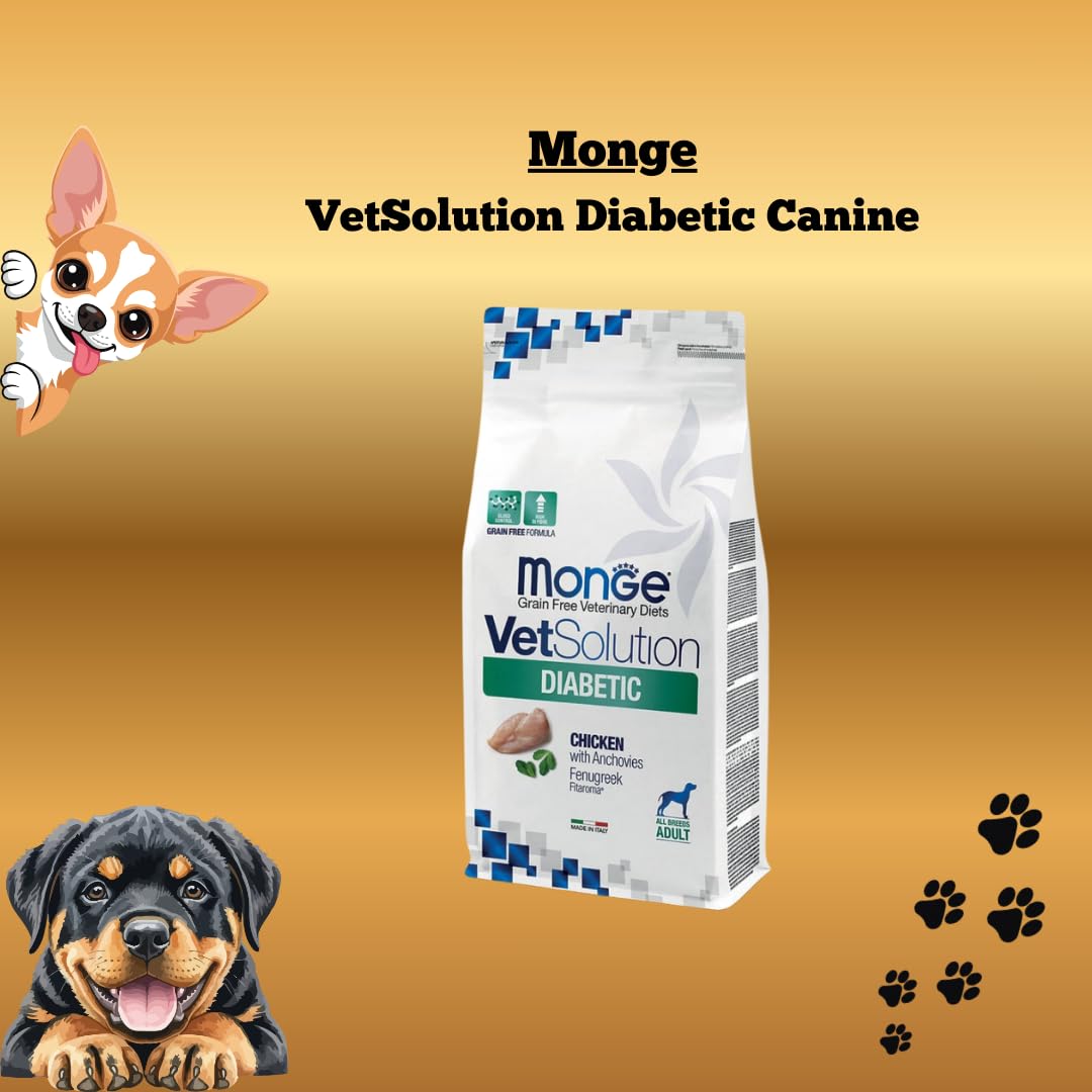 MONGE Cane VetSolution Diabetic Canine gusto Pollo con Acciughe | alimento secco completo e dietetico per cani formulato per il controllo dell’apporto di glucosio, Made in Italy, 1 confezione da 12kg.