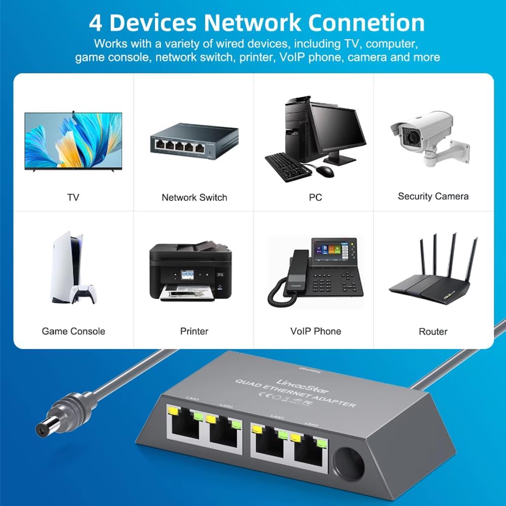 Ethernet Adapter with 4 RJ45 Ports for Starlink Gen3/Mini,Multi Ports with Wired External Network,Connect Virtually Any RJ45-Equipped Device—Routers,Laptops,Desktops,Smart TVs,Printers
