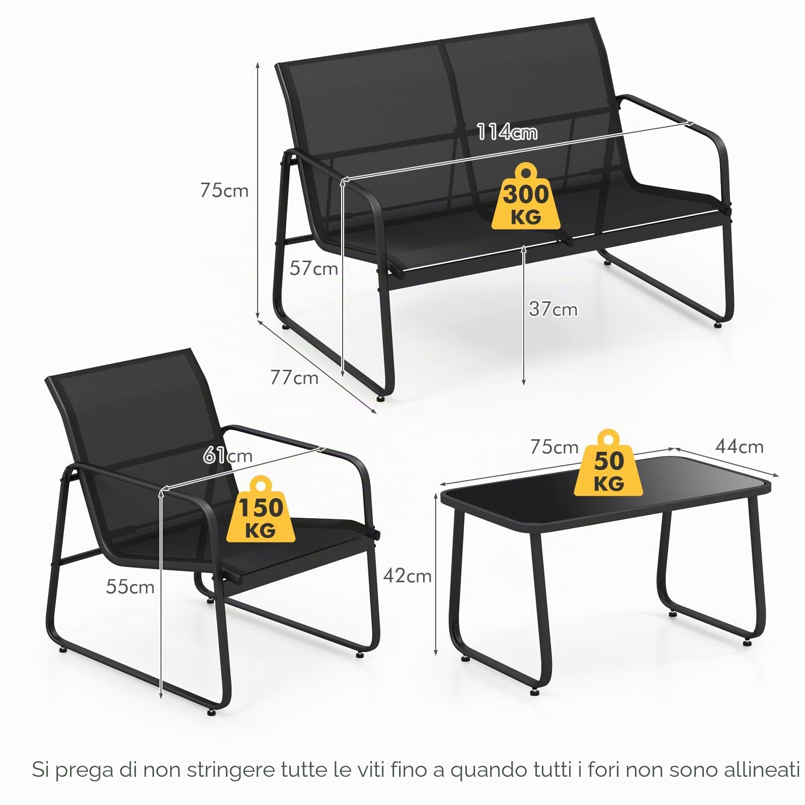 KOMFOTTEU Set da Bistrò in Tessuto Textilene, Set da Giardino in 4 Pezzi, Tavolo Portato 50 kg, 2 Sedie da Giardino Portate 150 kg, e Divanetto Portato 300 kg, Set Tavolo e Sedie da Esterno, Nero