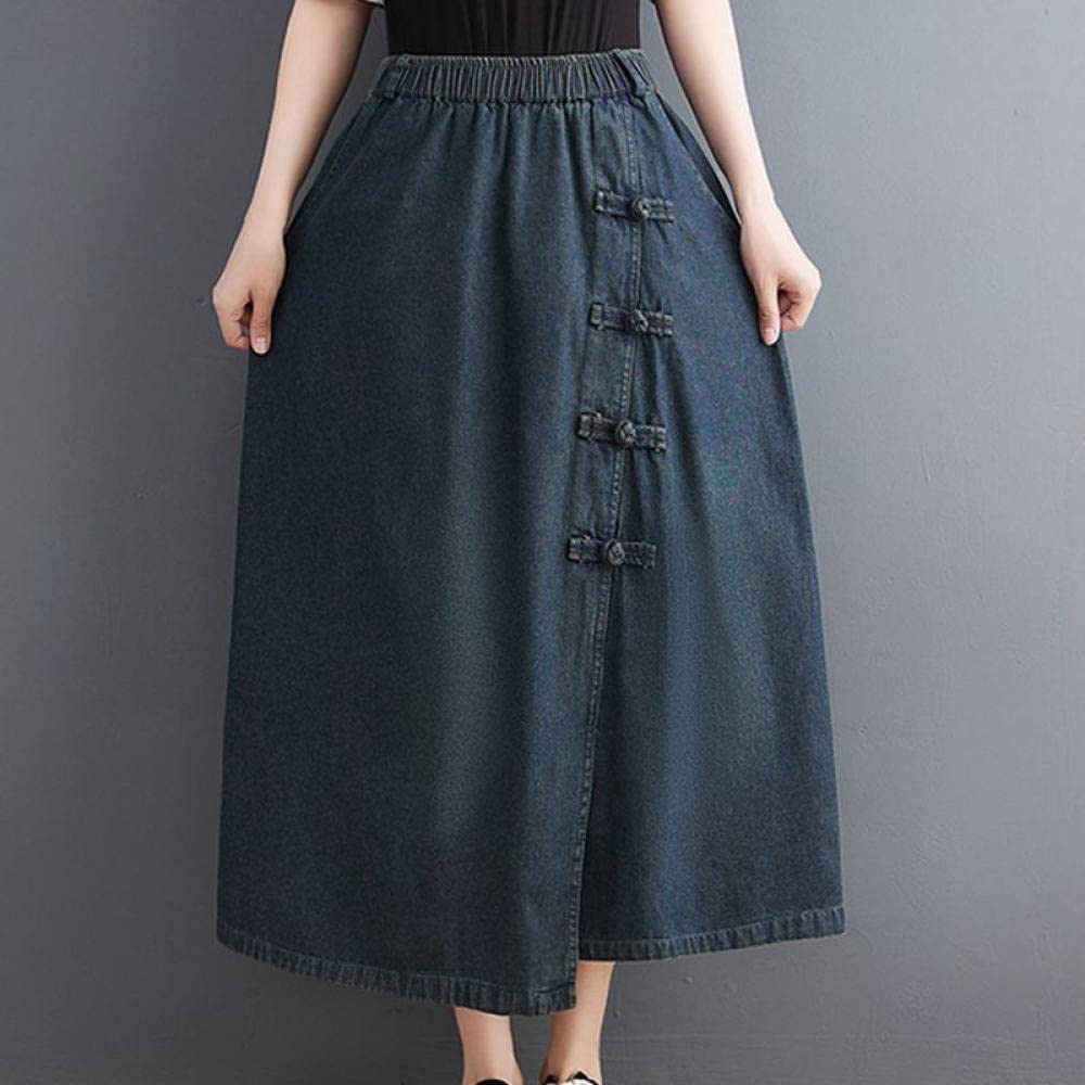 Röcke,Damen Maxirock Dunkelblau Elastische Taillennähte Knopfschlitz Jeansrock Mit Tasche A-Linie Geraffte Lässige Lange Röcke Für Mädchen Damen,S
