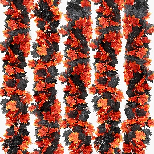 joyhalo 5 Pack Halloween Garland - Fall Garland, Fall Leaves Garland,Fall Leaf Garland, Autumn Black Halloween Garland Indoor Outdoor Fall Decor for Porch Mantle Fireplace Front Door