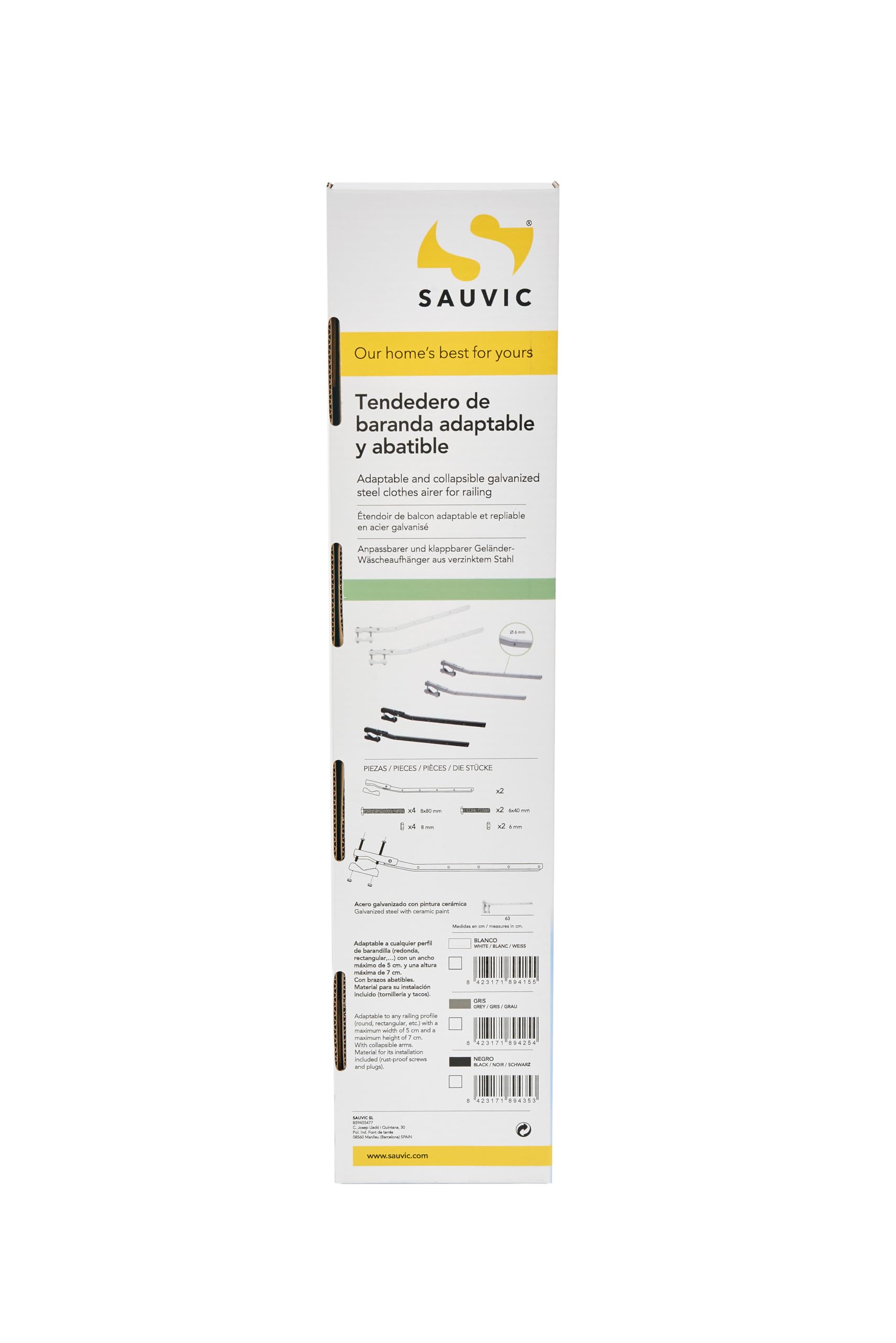 Sauvic Stendibiancheria da ringhiera regolabile e ribaltabile in acciaio galvanizzato di colore bianco