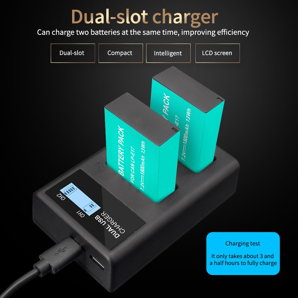 CITYORK 2 Pack 1800mAh LP-E17 wymienna bateria i podwójna ładowarka USB do Canon EOS RP, Rebel SL2, SL3, T6i, T6s, T7i, EOS M3, M5, M6, EOS 200D, 77D, 750D, 760D, 800D, 8000D, KISS X8i — kamera