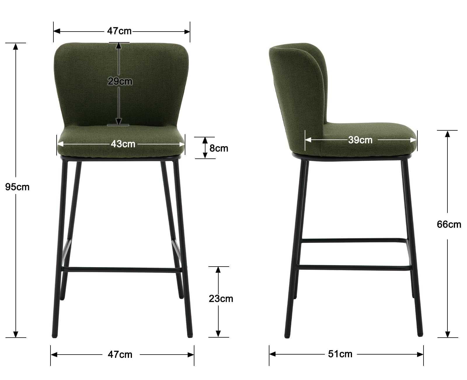 chairus Set di 2 Sgabelli da Bar in Tessuto di Lino Sgabelli Cucina Moderni Design con Schienale Sgabelli Imbottiti con Gambe in Metallo Sgabelli Alti per Penisola/Bar/Cucina, Verde