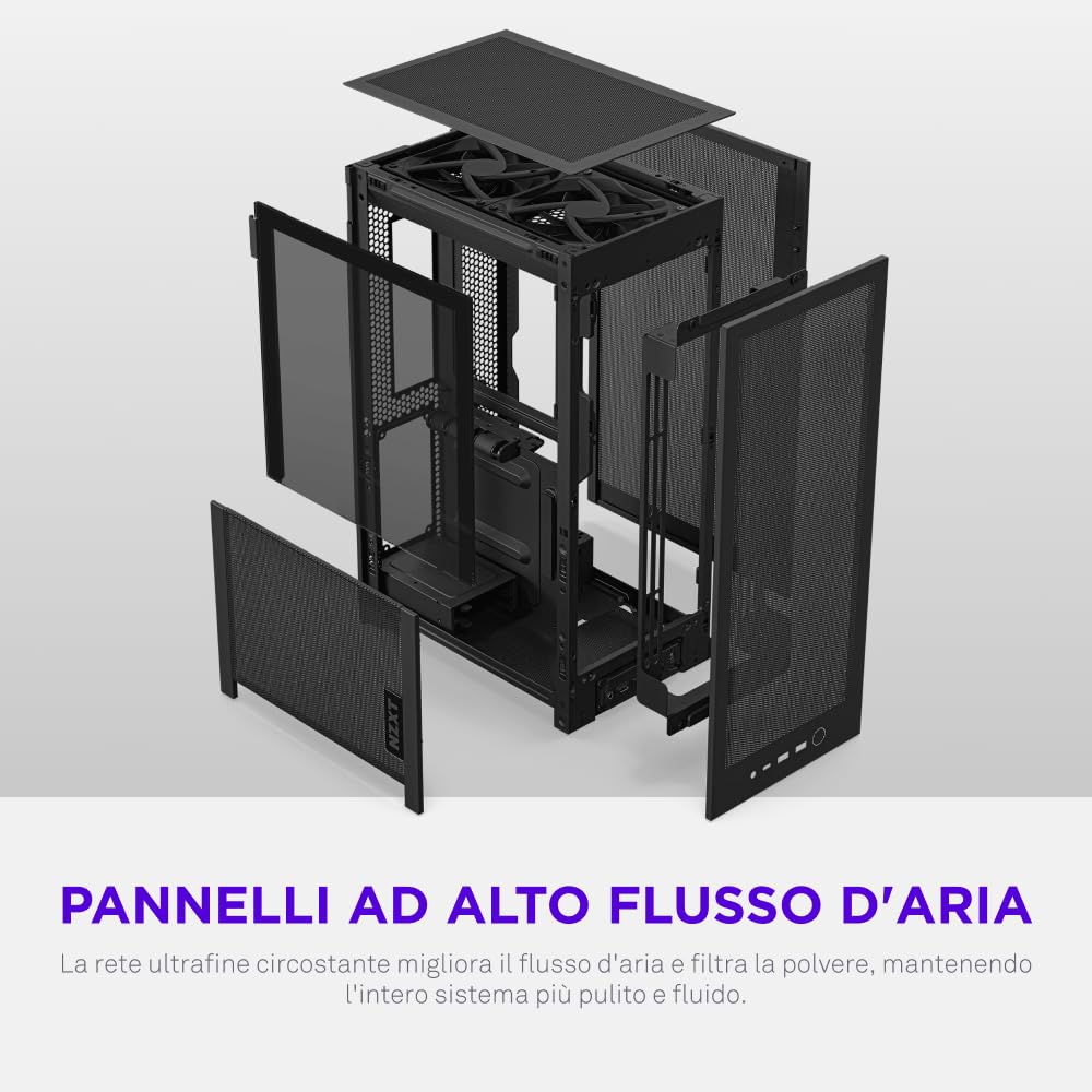 NZXT H2 Flow – Case per PC Mini-ITX da 20,7 litri ad alto flusso d'aria – Include 2 ventole superiori da 120 mm e cavo riser PCIe 5.0 – GPU da 331 mm – Radiatore da 280 mm – Nero